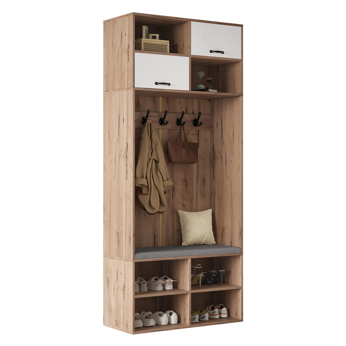 GARDEROBE holzwerkstoff LED inkl. sitzbank, led-beleuchtung - Naturfarben, Holzwerkstoff (80/185/35cm) - Urban Meuble