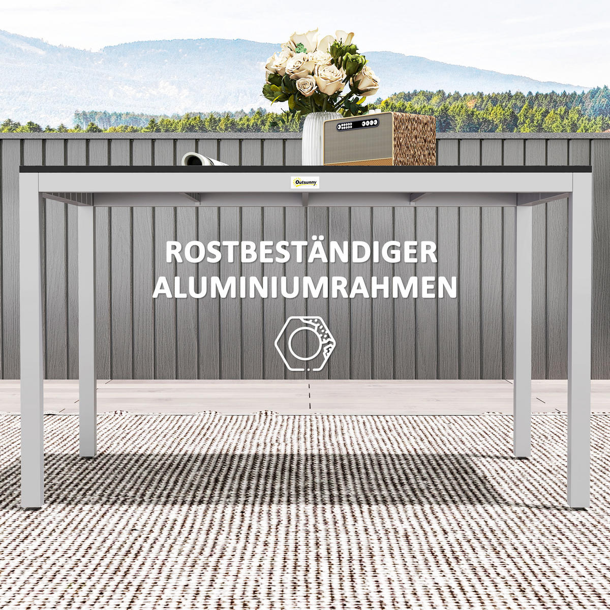 GARTENTISCH DE-07255 Aluminium, wetterfest mit Holzoptik Schwarz - Schwarz, Metall (120/70/72cm) - ComfortXL