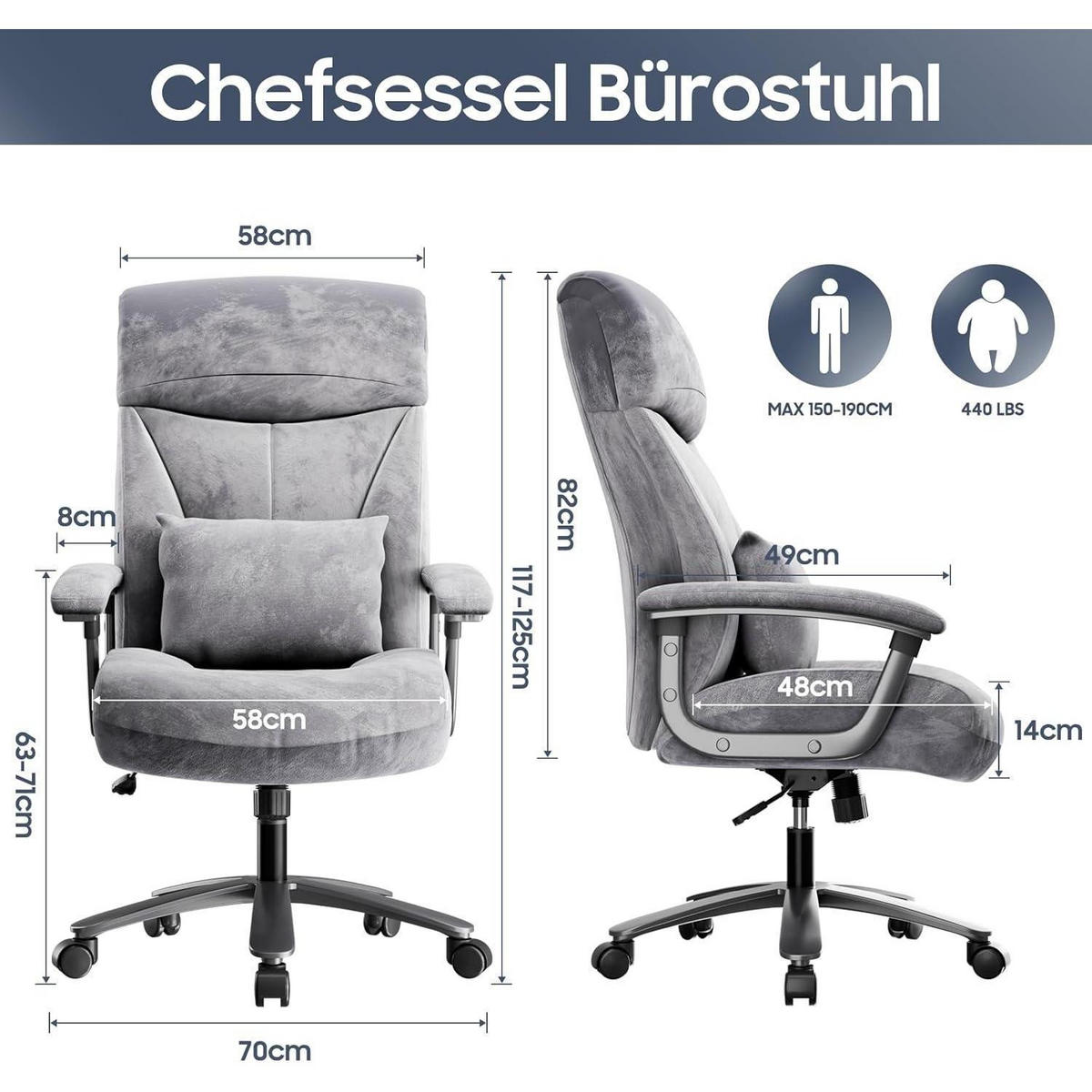 BÜROSTUHL Ergonomisch Grau Samt - Grau, Textil (70/117/58cm)