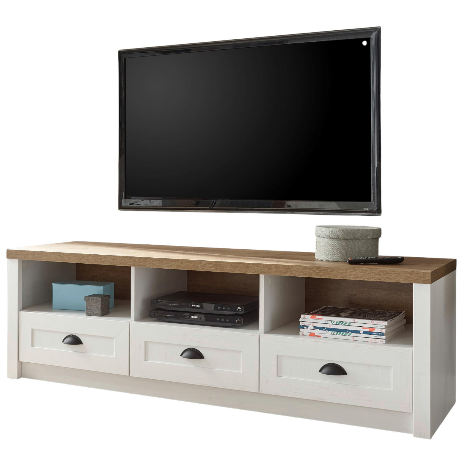 TV-LOWBOARD weiß Pinie, Eiche hell Landhaus, TV Unterteil 160 cm - Eichefarben/Weiß, Holzwerkstoff/Metall (160/47/43cm) - Furn.Design