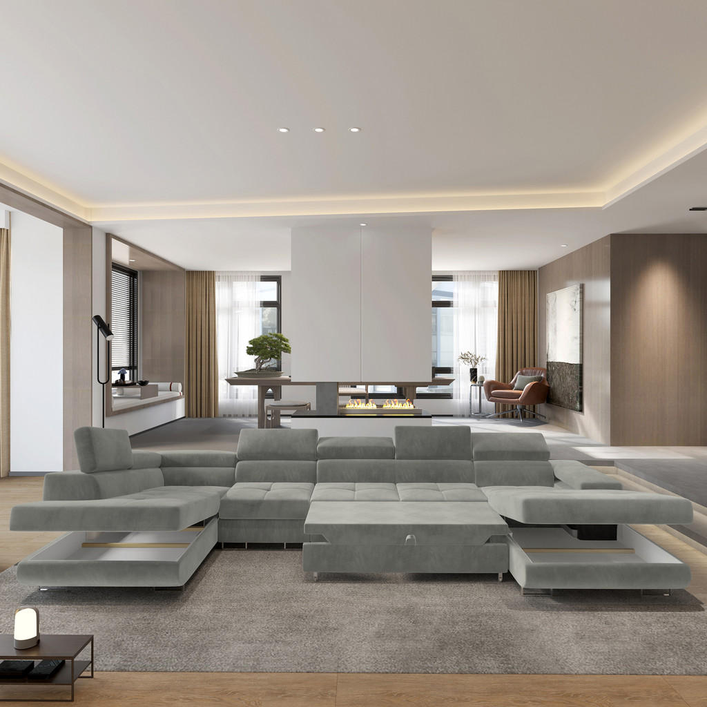 Thumbnail - Masseno Wohnlandschaft, Hellgrau, Holz, 6-Sitzer, U-Form, 419x90x202 cm, Wohnzimmer, Sofas & Couches, Wohnlandschaften, ...