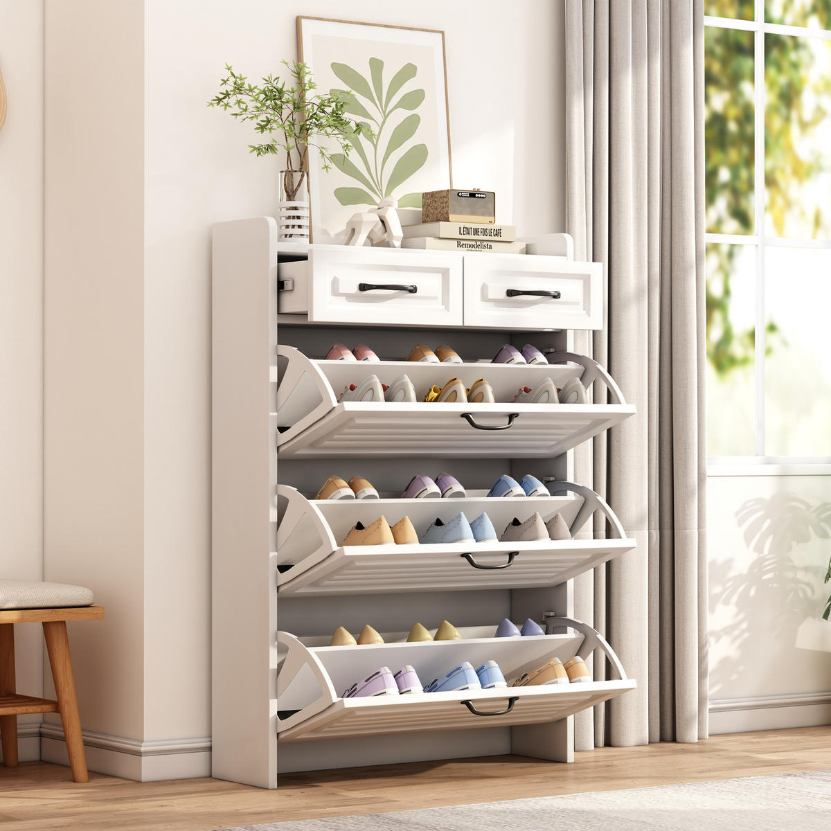 SCHUHSCHRANK mit Schubladen und Türen, weiß matt / Eichen-Optik, moderner Stauraum für Wohnzimmer, 131/23,5/80 cm - Weiß, Holzwerkstoff (131/23.5/80cm) - Redom