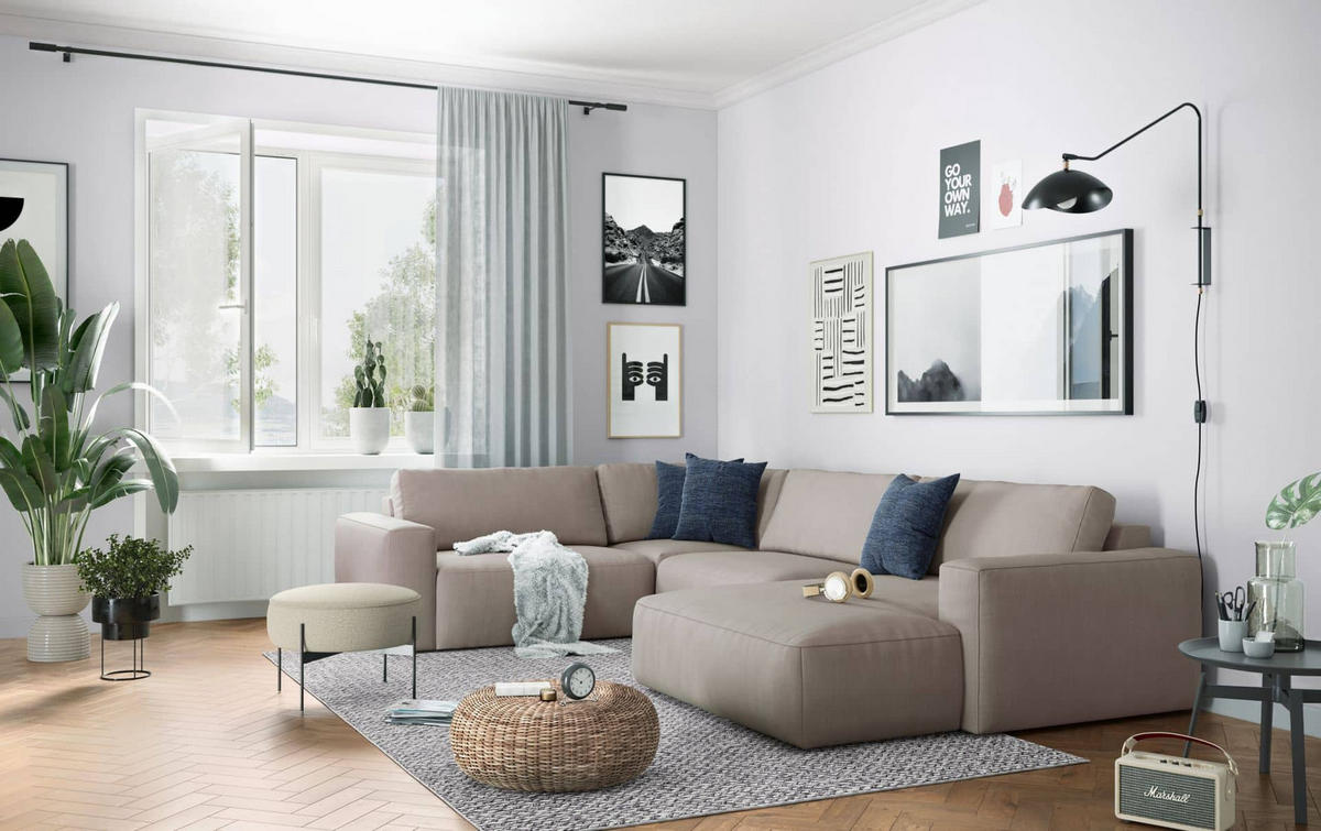 WOHNLANDSCHAFT mit wasserabweisendem Stoff - Beige/Schwarz, Holz/Kunststoff (367/89/249cm) - Cotta