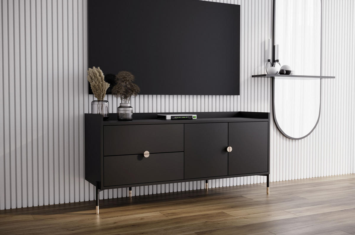 SIDEBOARD Iga, Schwarz, Goldene Details, Schwarz Metallsockel - Schwarz, Holzwerkstoff/Metall (142/65.5/42cm) - Dancan