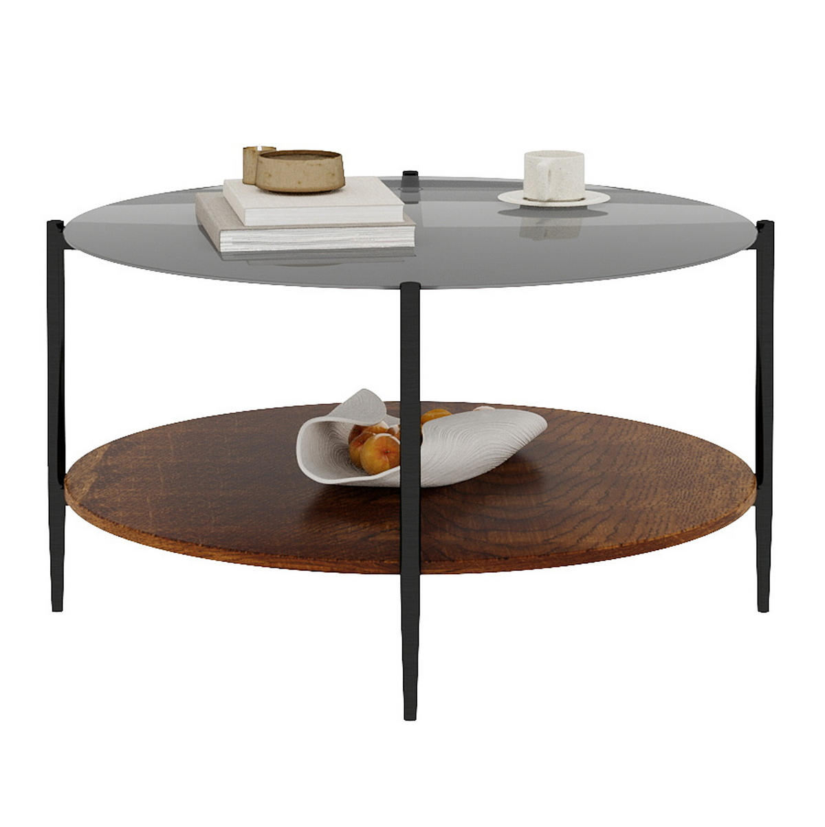 COUCHTISCH aus Glas, Holz und Eisen Ø82x45 cm Schwarz mit 2 Ablageflächen - Schwarz, Glas (82/82/45cm) - IVMEU