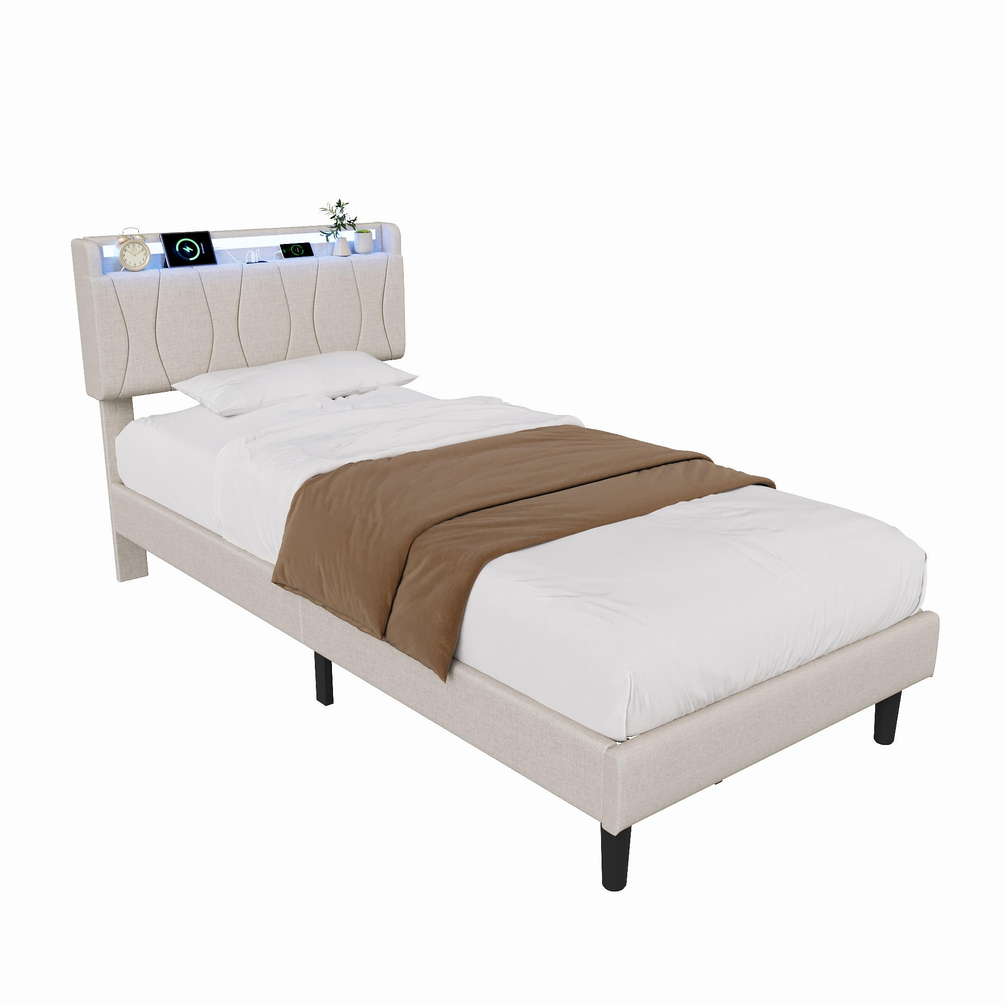 EINZELBETT 90x200 cm mit LED, USB-C, Leinenbezug und Lattenrost - Beige, Holz (90/200cm) - SHOPENTRA