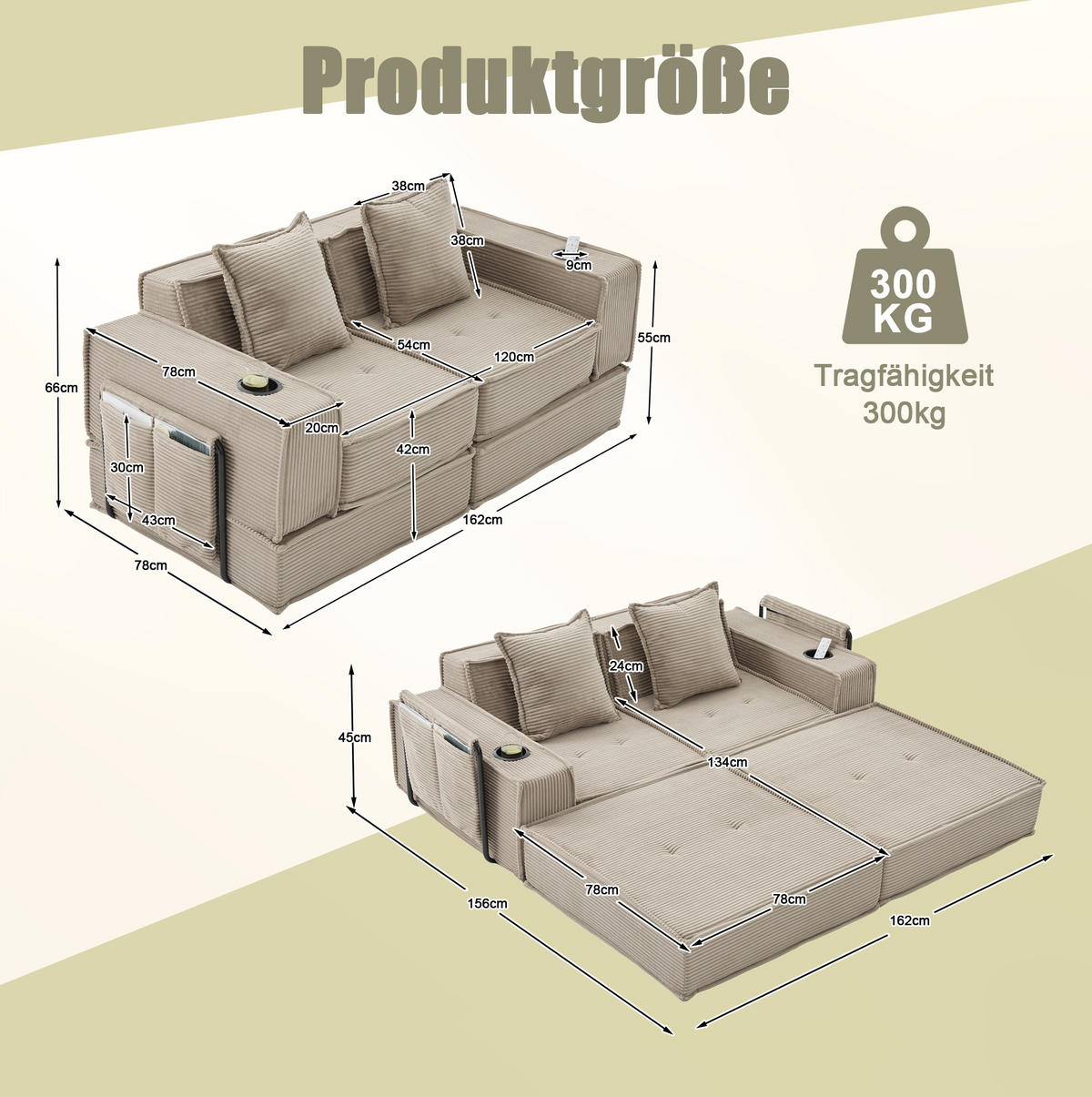 SOFA modular 162 x 78 x 66 cm Cord Khaki mit 2 Kissen - Braun, Kunststoff (78/66/162cm) - Meubliv