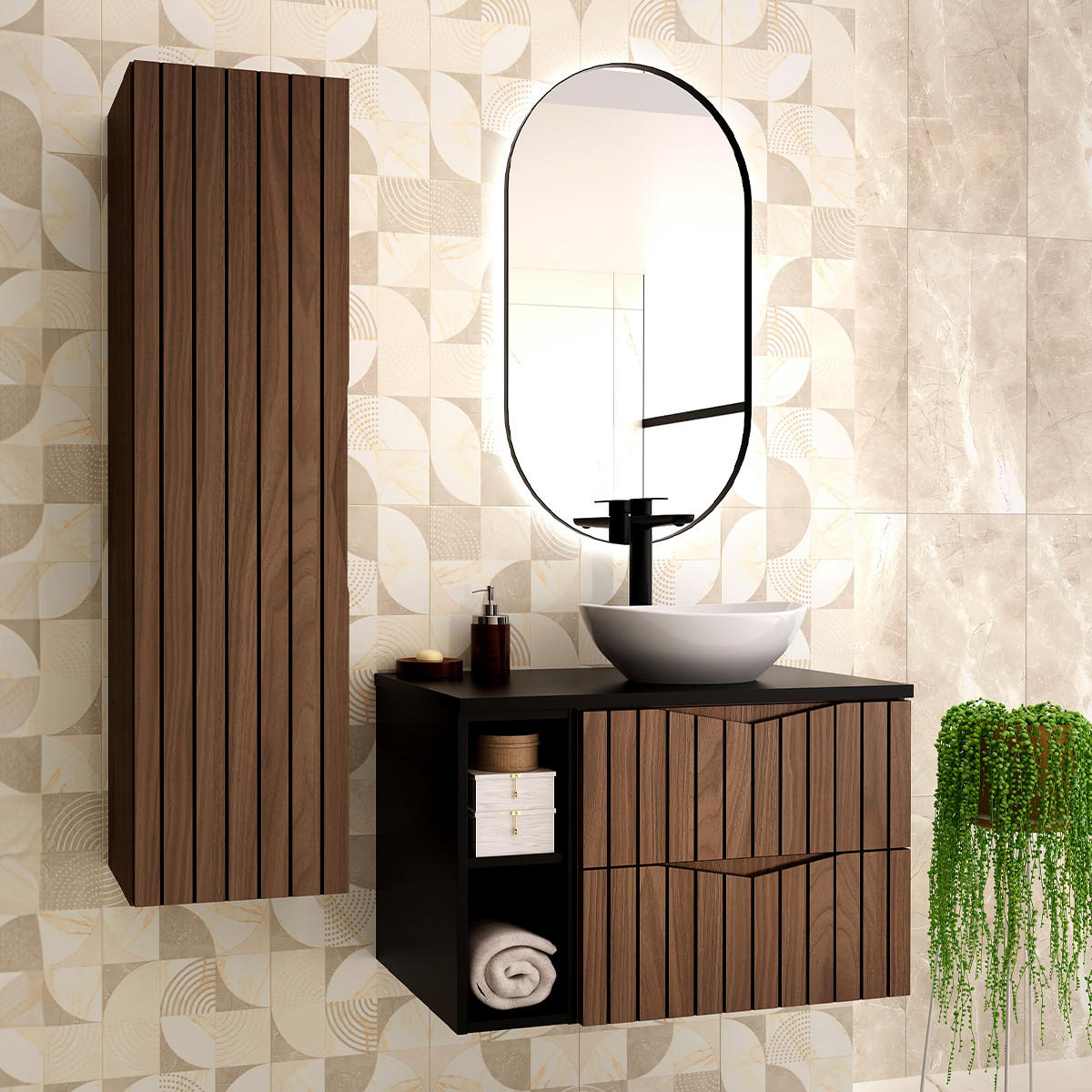 BADMÖBEL 80.6cm Siena 2er-Set Holz und Schwarz - Schwarz, Holzwerkstoff (80.6/52.2/46.5cm) - Petits-meubles