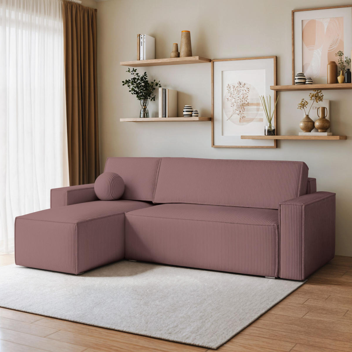 ECKSOFA RAVELO P Lila Kordstoff mit Schlaffunktion - Lila, Holz (240/140cm) - MASSENO