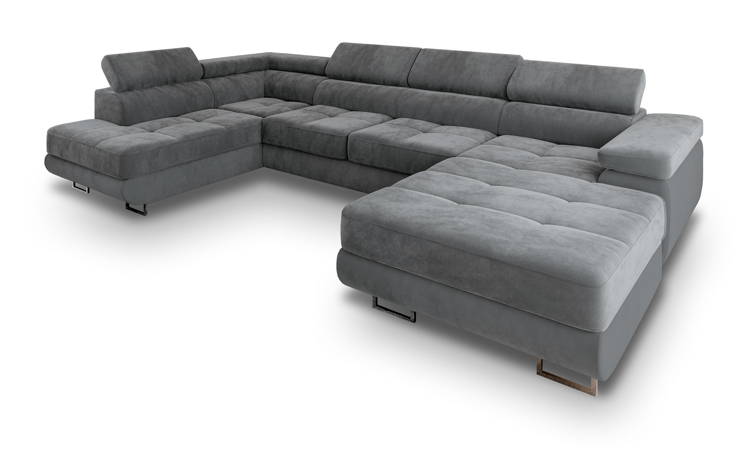 WOHNLANDSCHAFT CASONE L-S Grau Velours-Stoff mit Schlaffunktion - Grau, Holz (345/90/202cm) - MASSENO