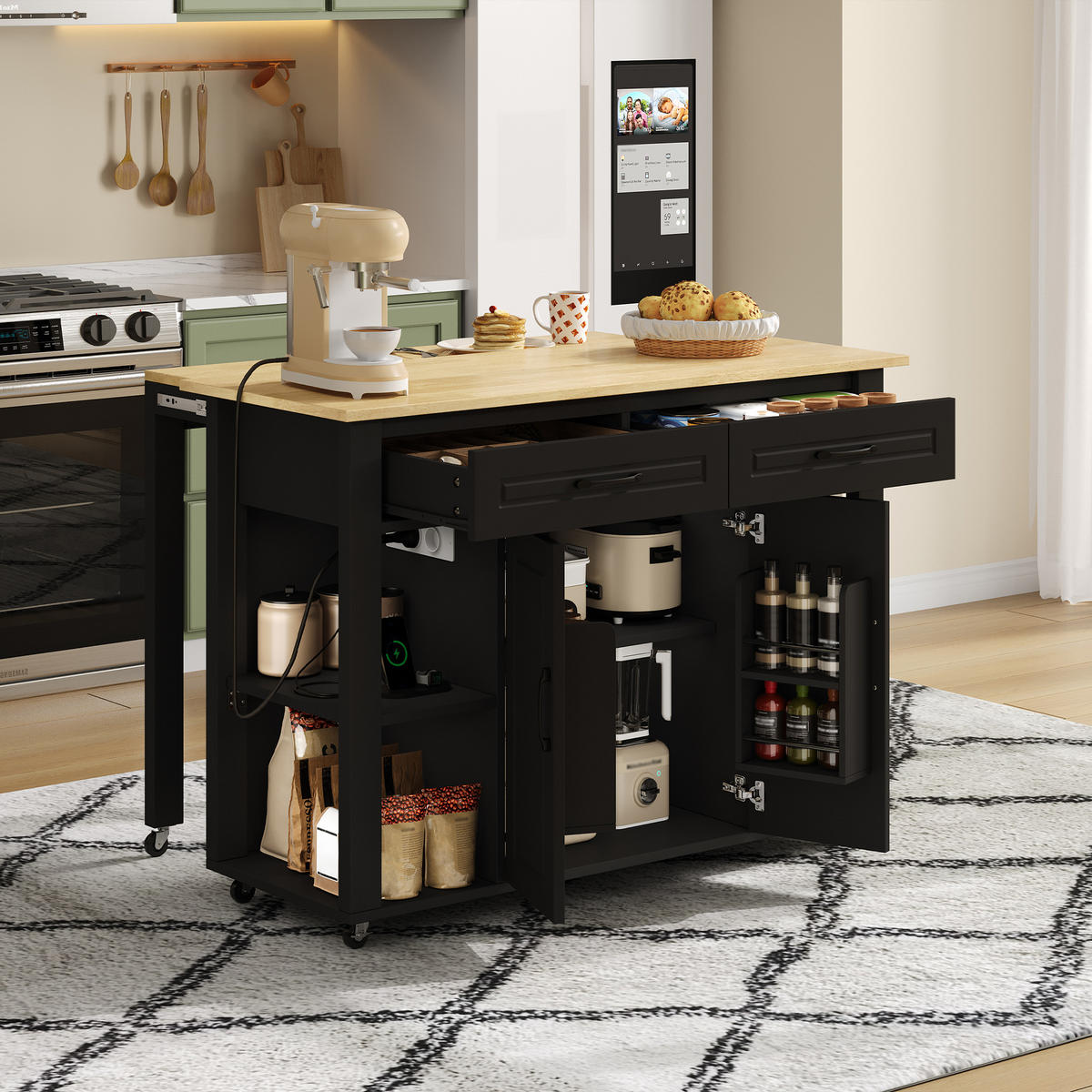 KÜCHENINSEL 120/77/93 cm schwarz naturfarben mit ausziehbarer Bartheke und Steckdosen - Schwarz, Holzwerkstoff (120/93/77cm) - OKWISH