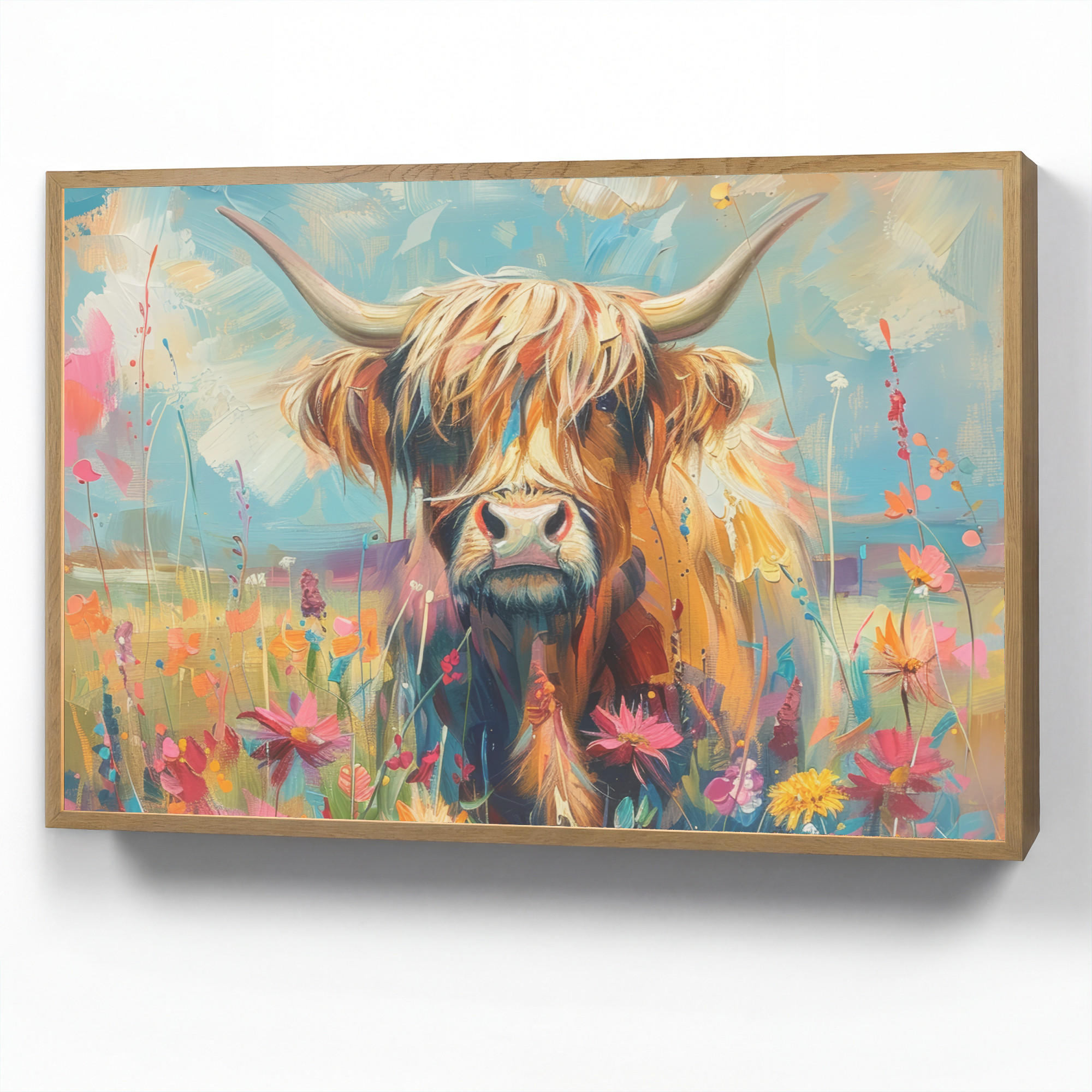 WANDLEUCHTE MIT AKKU Schottische Hochländer - Natur - Farbenfroh - Blumen 90x60 cm - Multicolor, Holzwerkstoff (90/60/8cm) - OnlyWow