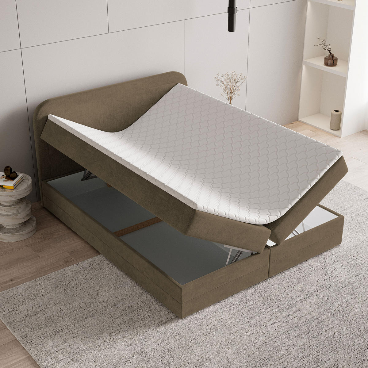 BOXBETT ARMEL 160x200 cm mit Matratze und Topper - Beige - Beige, Holz (160/200cm) - MASSENO