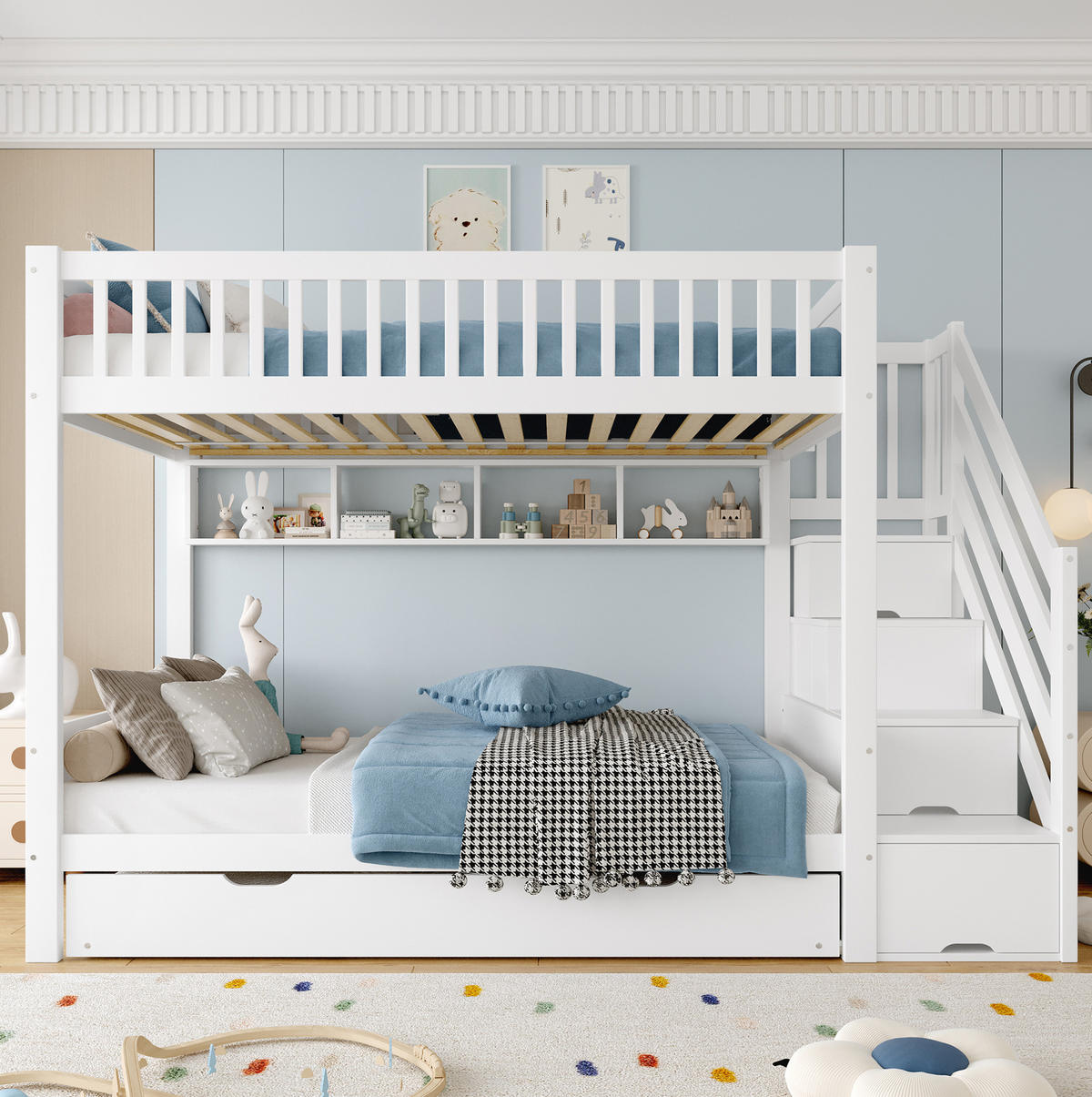 ETAGENBETT 90/200 cm in Weiß mit Ausziehbett, Kleiderschrank und Stauraum - Weiß, Holz (90/200cm) - BEAOK