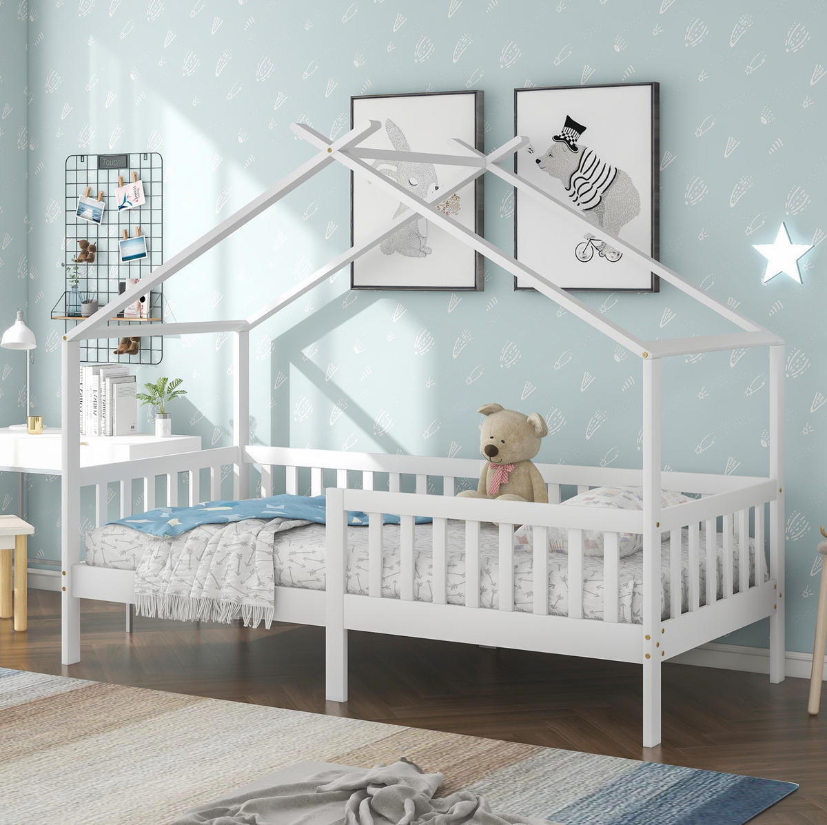 HAUSBETT 90/200 cm in Weiß – mit Satteldach, Zaun und Liegefläche 90/200 cm - Weiß, Holz (90/200cm) - BEAOK