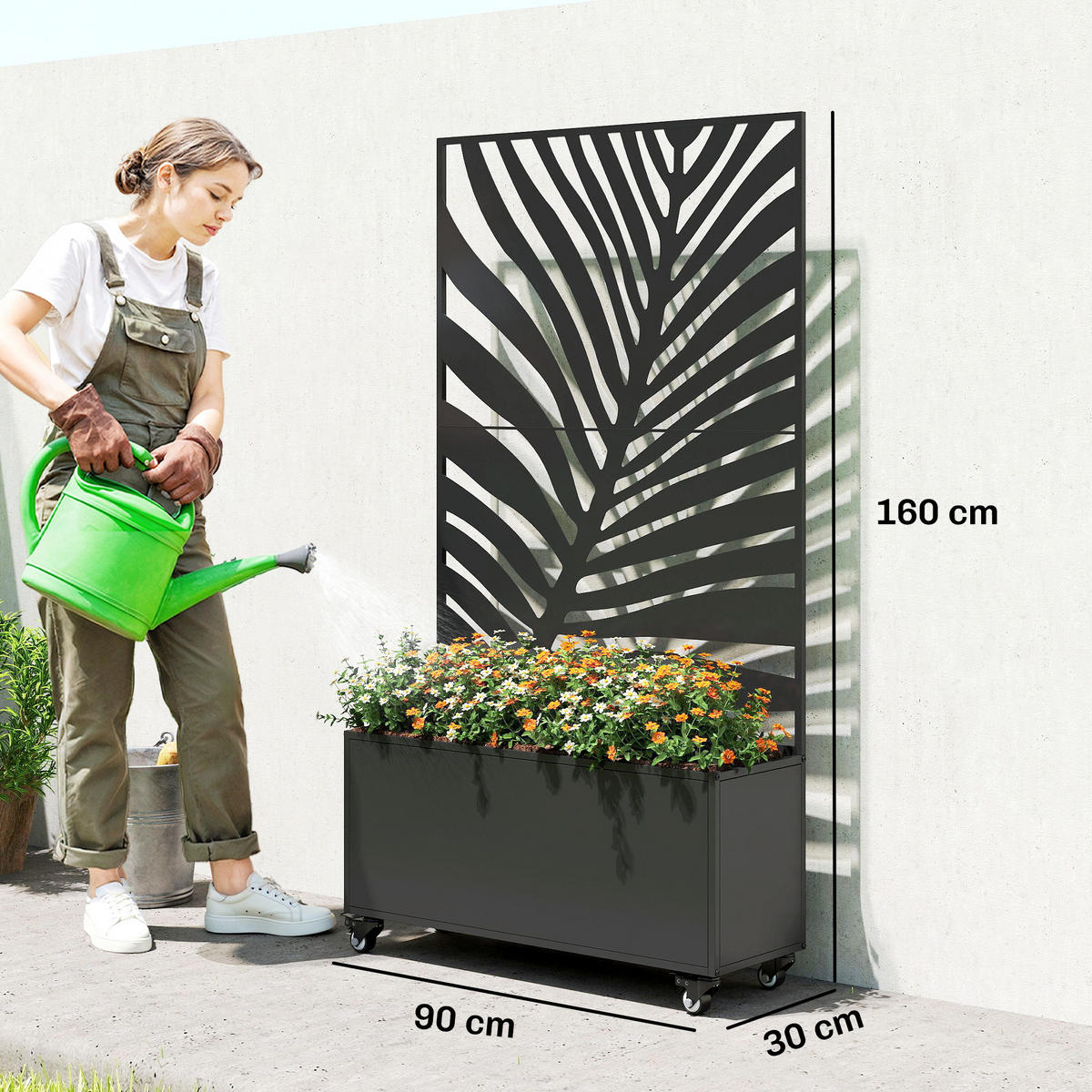 HOCHBEET DE-12311 mit Sichtschutz u. Rollen, 90/30/160 cm Schwarz - Schwarz, Metall (90/160/30cm) - ComfortXL