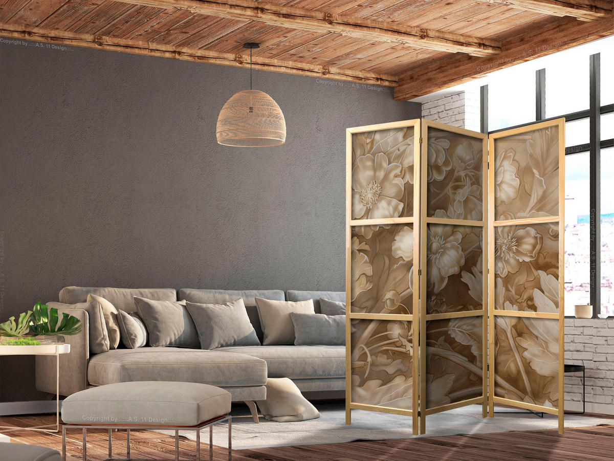 PARAVENT Japanischer 3-tlg 135x172 cm Retro Pflanzen - Braun, Holz/Textil (135/172/3cm) - Muralo