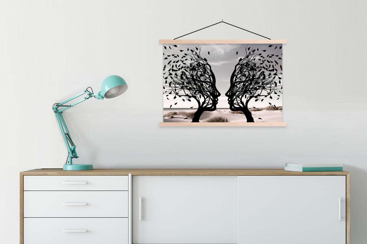 POSTER Strand - Meer - Menschen - Baum - Moderne Kunst 90x60 cm - Hellgrau, Textil (90/60/0.15cm) - MuchoWow