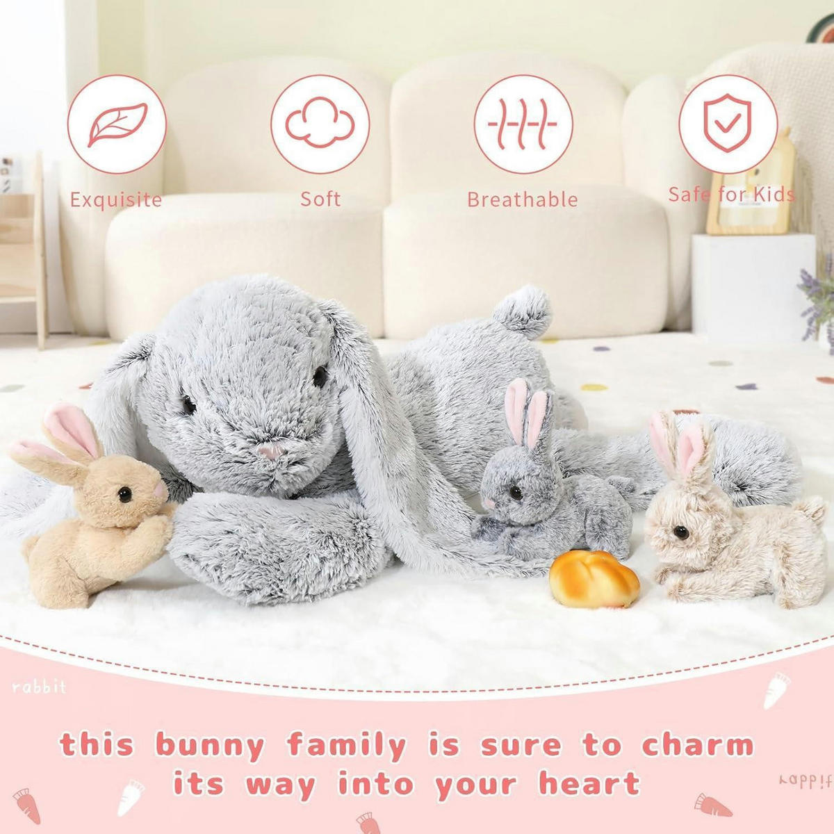 PLÜSCHTIER Hase mit 3 Babys 63 cm Grau - Multicolor, Textil (40/60cm)
