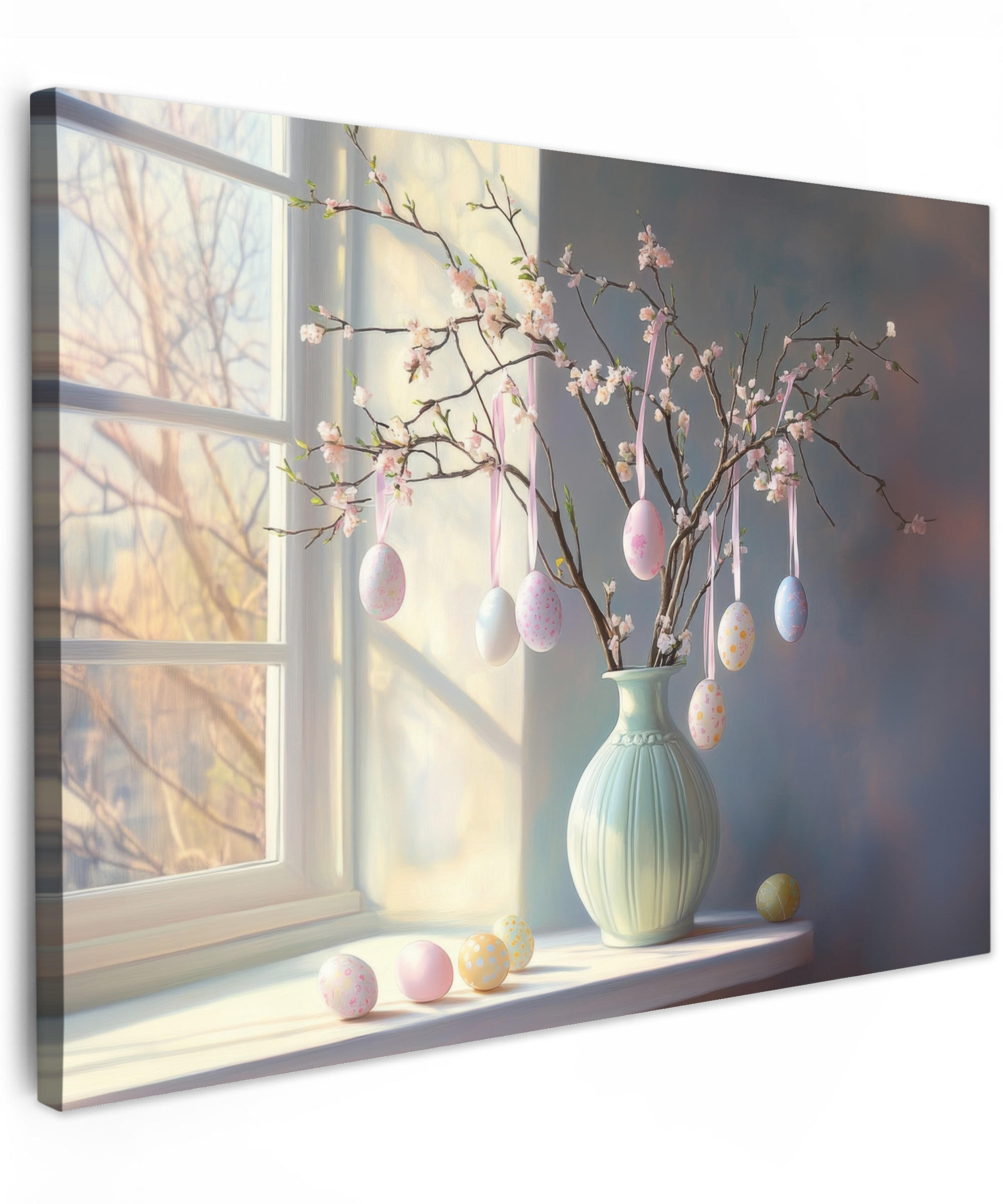 LEINWANDBILD Stillleben - Vase - Osterzweig Wandbilder 80x60 cm - Hellblau, Textil (80/60cm) - MuchoWow