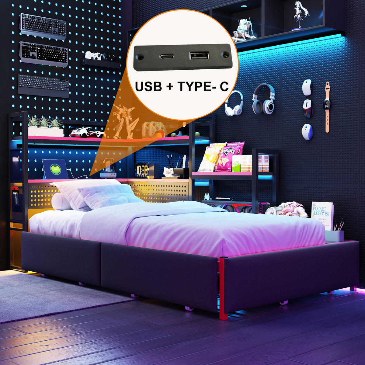 METALLBETT 90/200 cm in Schwarz mit Schubladen, LED, USB und Lochwand - Schwarz, Metall (90/200cm) - WISHDOR