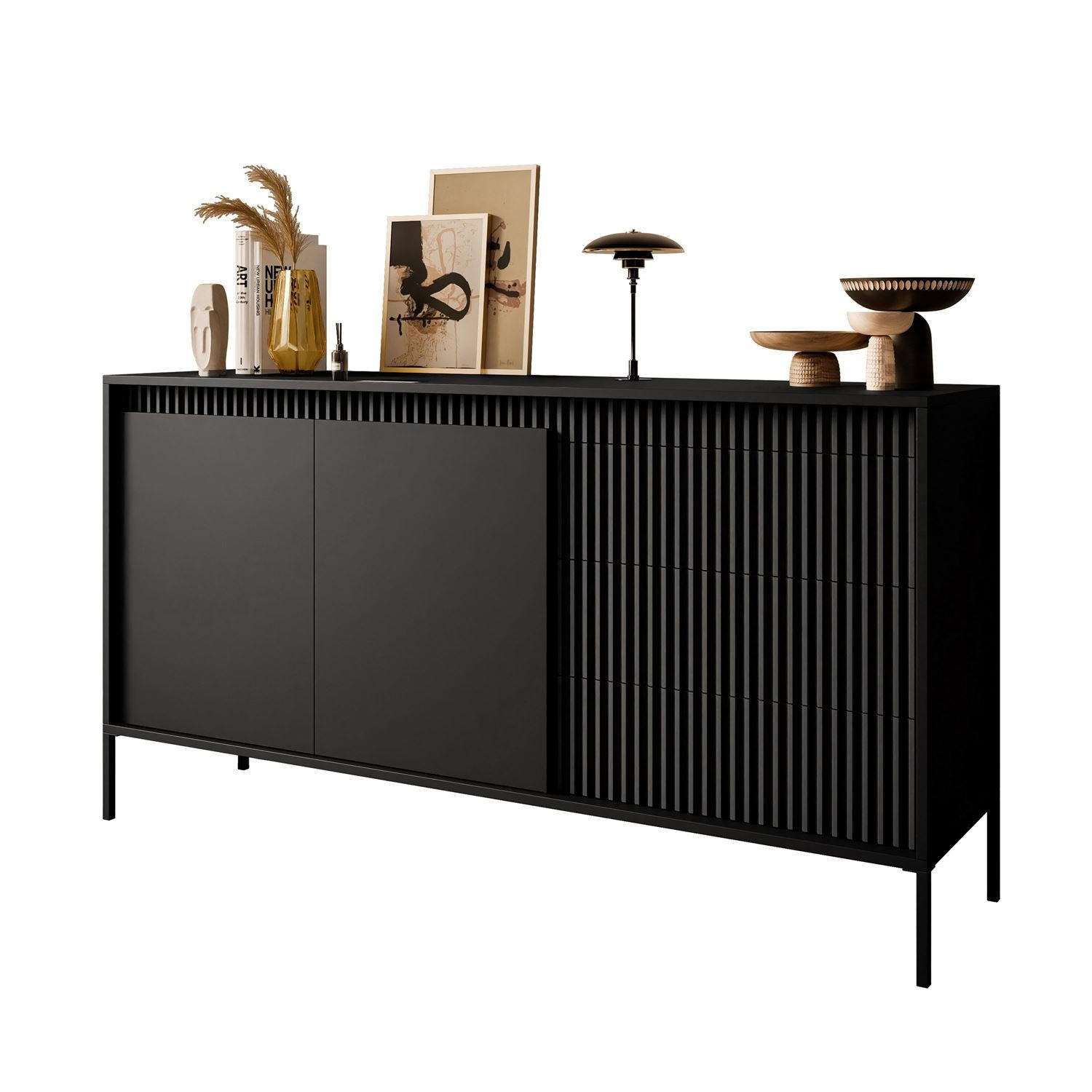 KOMMODE YASUMI 153 2D3S mit Schubladen schwarz matt - Schwarz, Holzwerkstoff (153.5/81.4/39.4cm) - Lookway