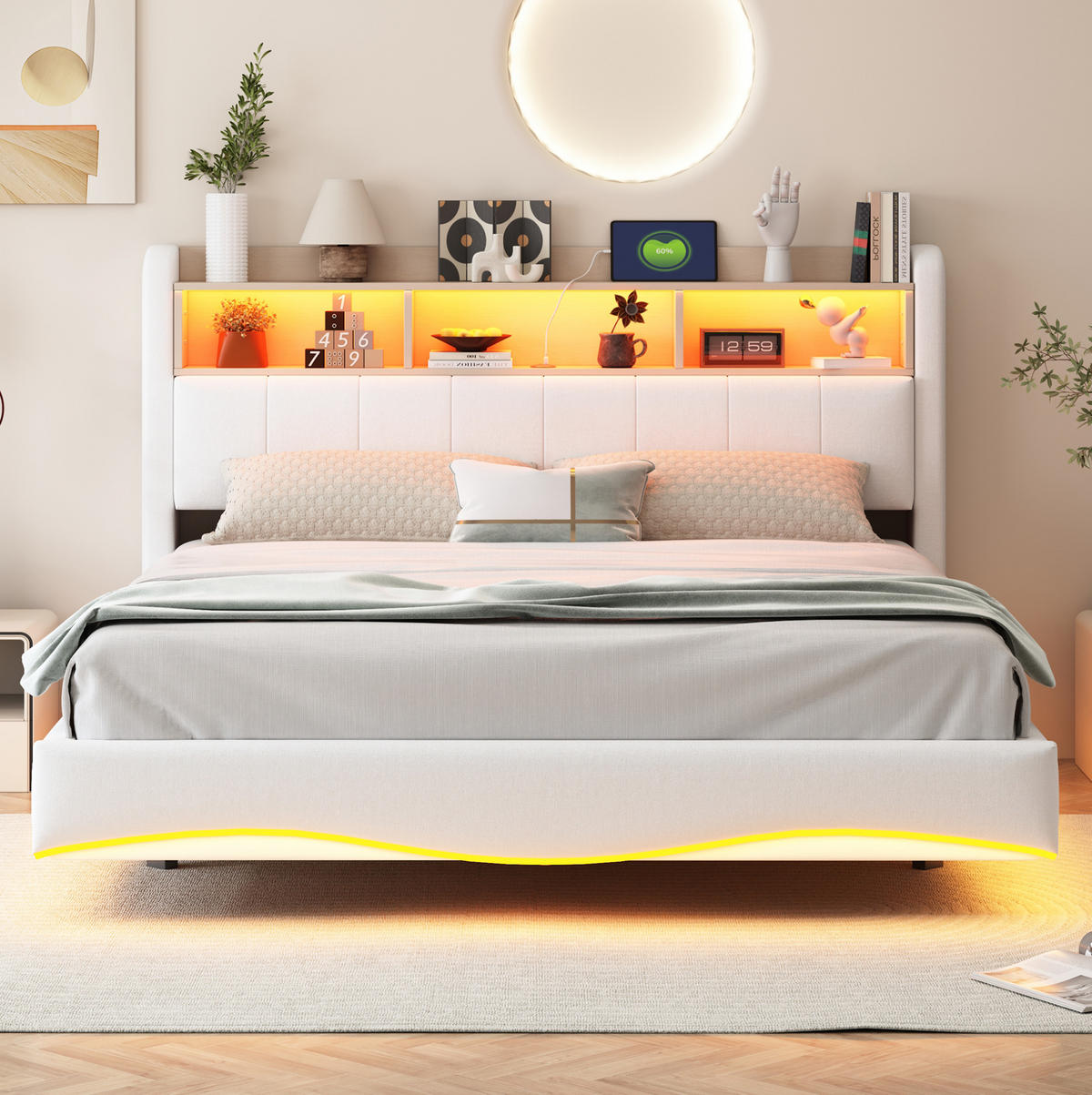 ČALÚNENÁ posteľ 160/200 cm s LED osvetlením, USB a Type-C portom, úložným priestorom a kovovým rámom, Béžová - béžová, textil (160/200cm) - Redom