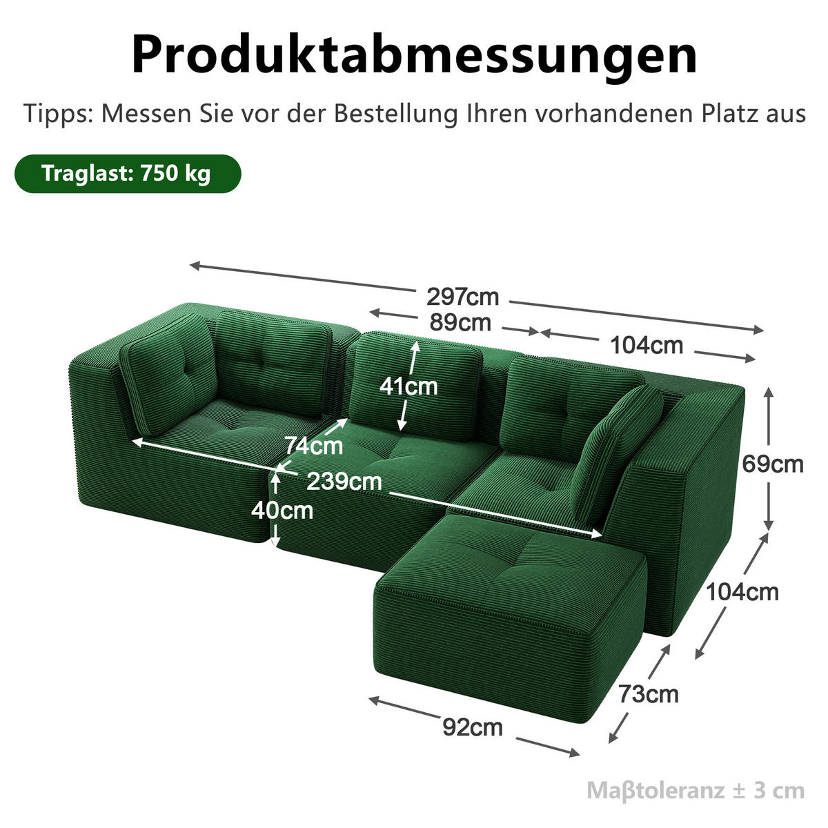 ECKSOFA 297/177/69 cm Grün Cord mit 1 Fußhocker - Grün, Textil (297/177cm) - Oxeza