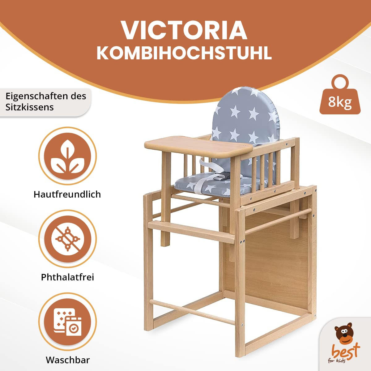 KOMBIHOCHSTUHL Victoria Bärchen | Umbaubarer Kinderstuhl Mit Tisch | Holzhochstuhl Mit Bärchen Design | Ideal Als Esstischstuhl | Schnell Montierbar - Grau, Textil (79/48/46cm) - Best for Kids