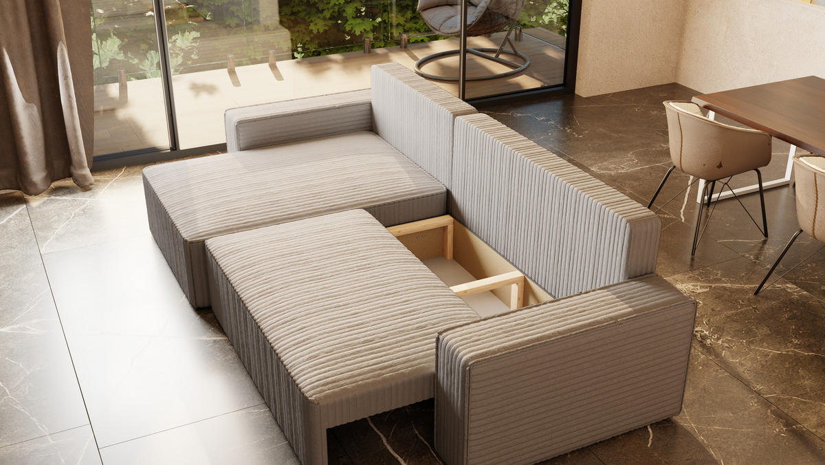 ECKSOFA Tobi mit Bettkasten und Schlaffunktion, L-Form/XL-Form, Cordstoff, Universal - Hellgrau, Holzwerkstoff (276/145cm) - 4ALL HOME