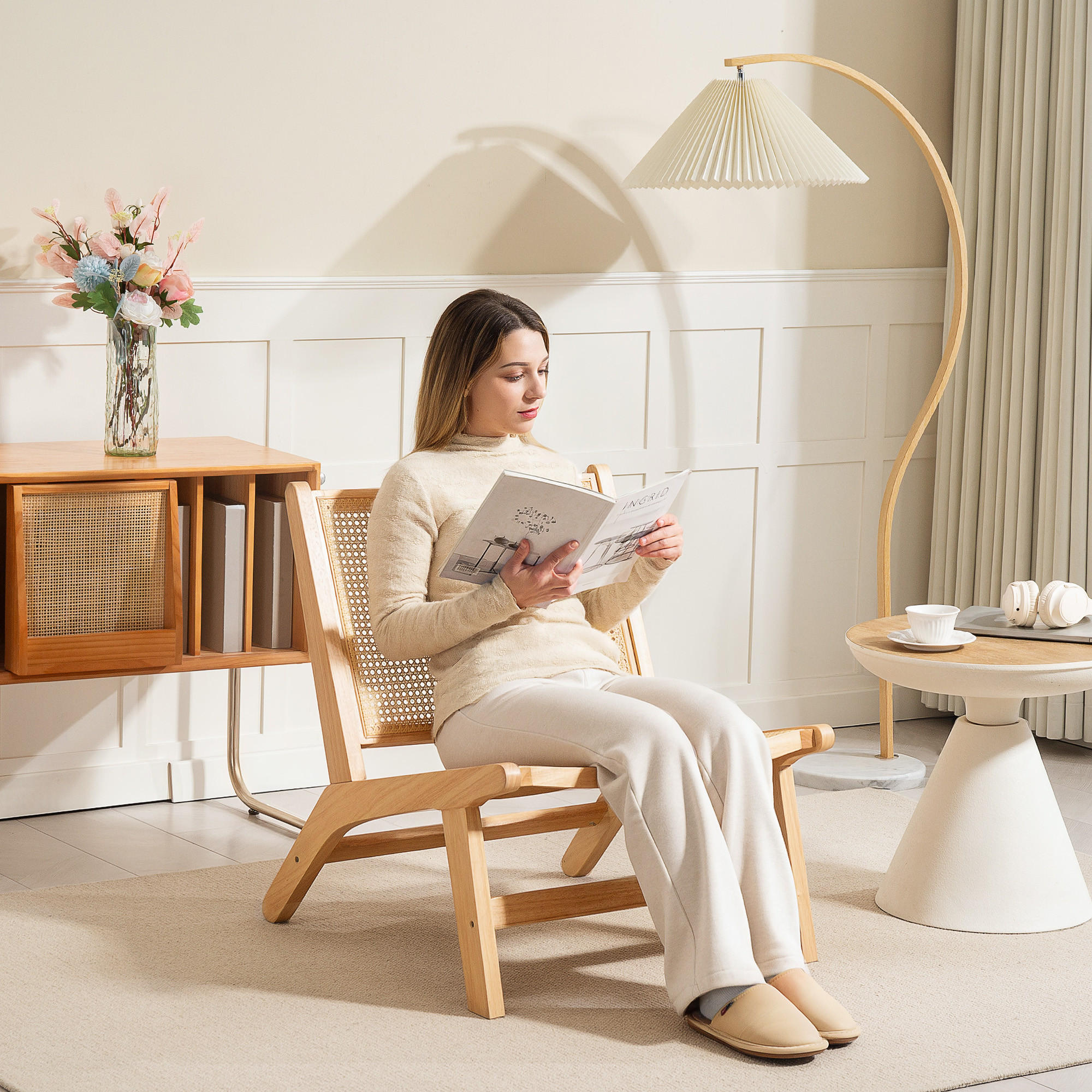 SESSEL Relaxsessel ohne Armlehne, Stuhl mit Rattan-Rückenlehne, Holzrahmen - Naturfarben, Kunststoff (64/74/70cm) - HOMCOM