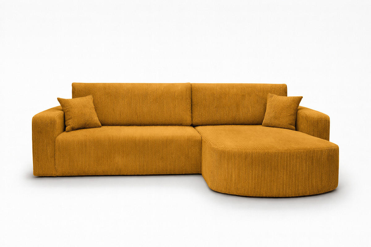 ECKSOFA Mit Schlaffunktion, Cordstoff Poso, Senffarbe, Rechts, ROUND ONE XL - Gelb, Holz (271/175cm) - Kaiser Möbel