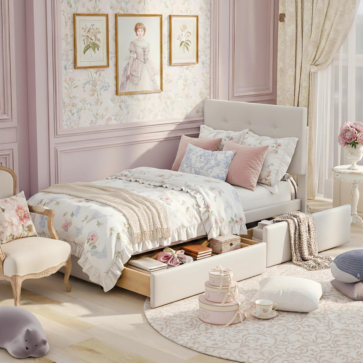 GEPOLSTERTES Polsterbett 90x200 cm, Mit 2 Schubladen, Weicher Samtstoff, Lattenrost, Kopfteil, Bett für enfant, Jugendbett, Gästebett - Beige - Beige, Holzwerkstoff (90/200cm) - Brevoria