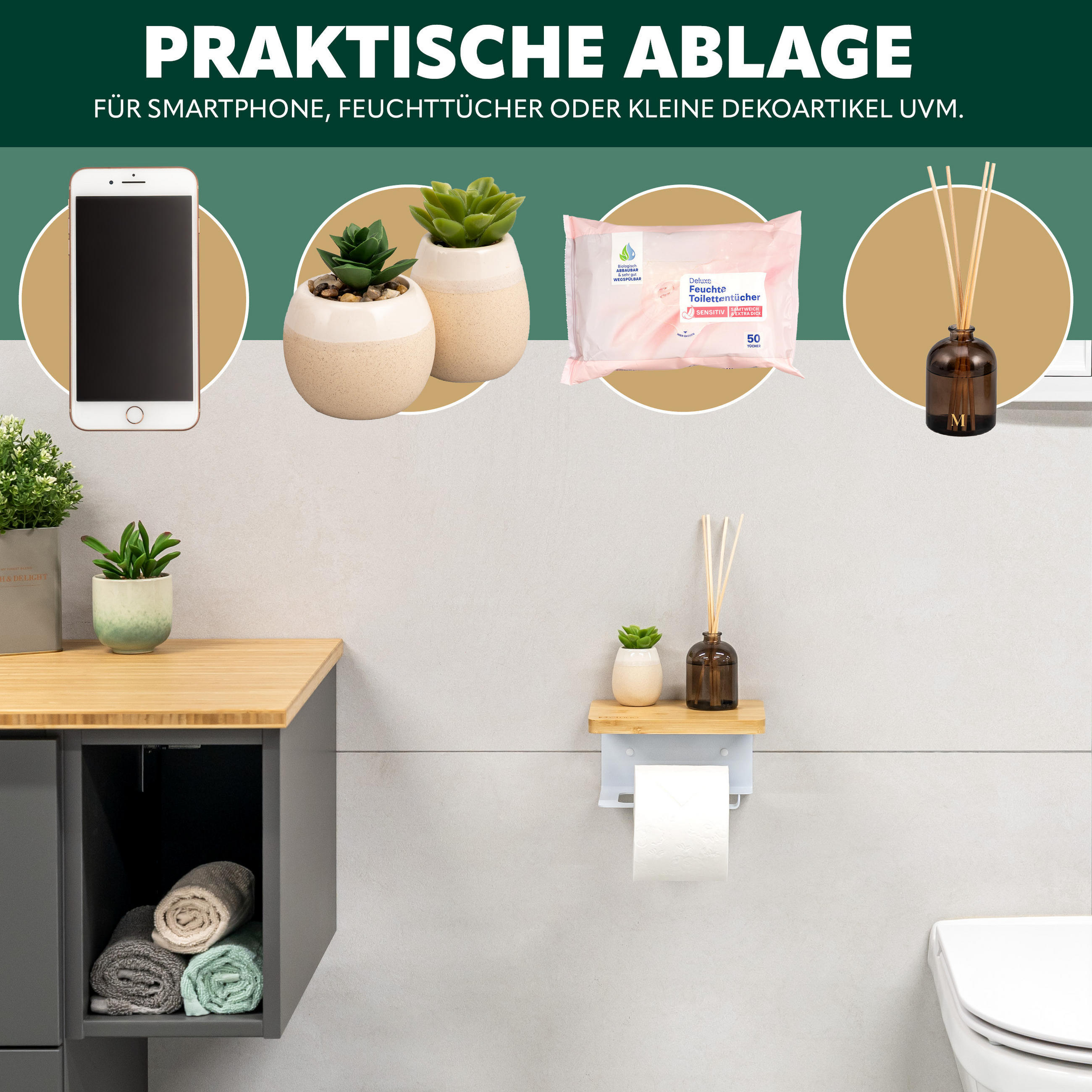 TOILETTENPAPIERHALTER VARAZ mit Ablage, Metall und Bambus - Weiß, Metall (18/9.5/13cm) - eluno