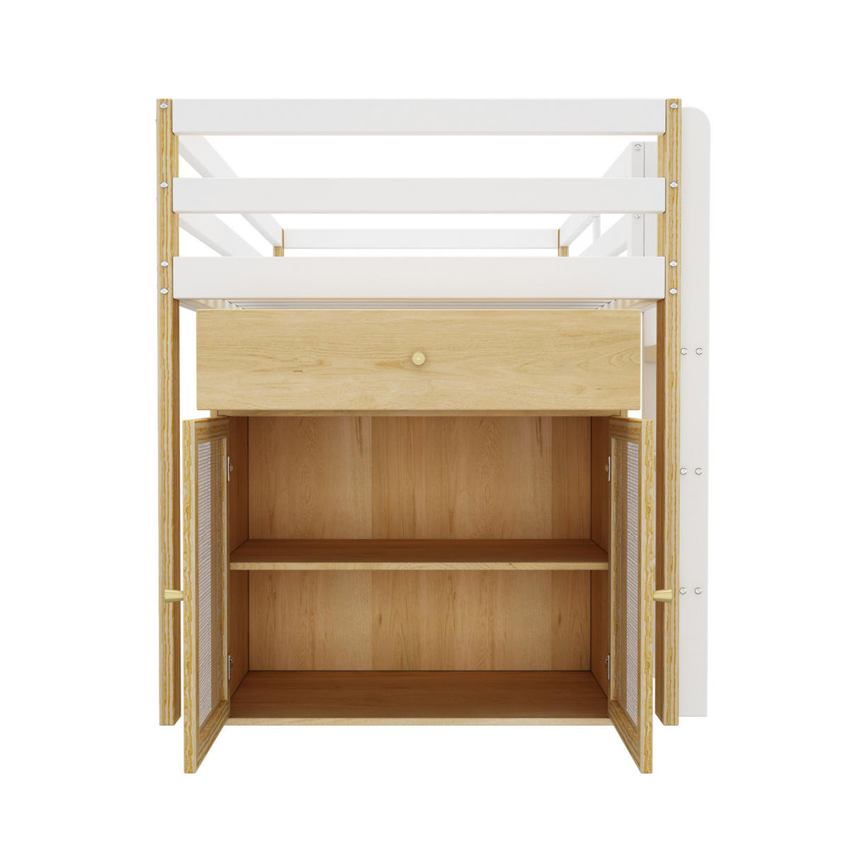 KINDERHOCHBETT aus Massivholz 90x200 cm in Weiß mit 2 Schränken & Leiter - Weiß, Holz (90/200cm) - Modfu