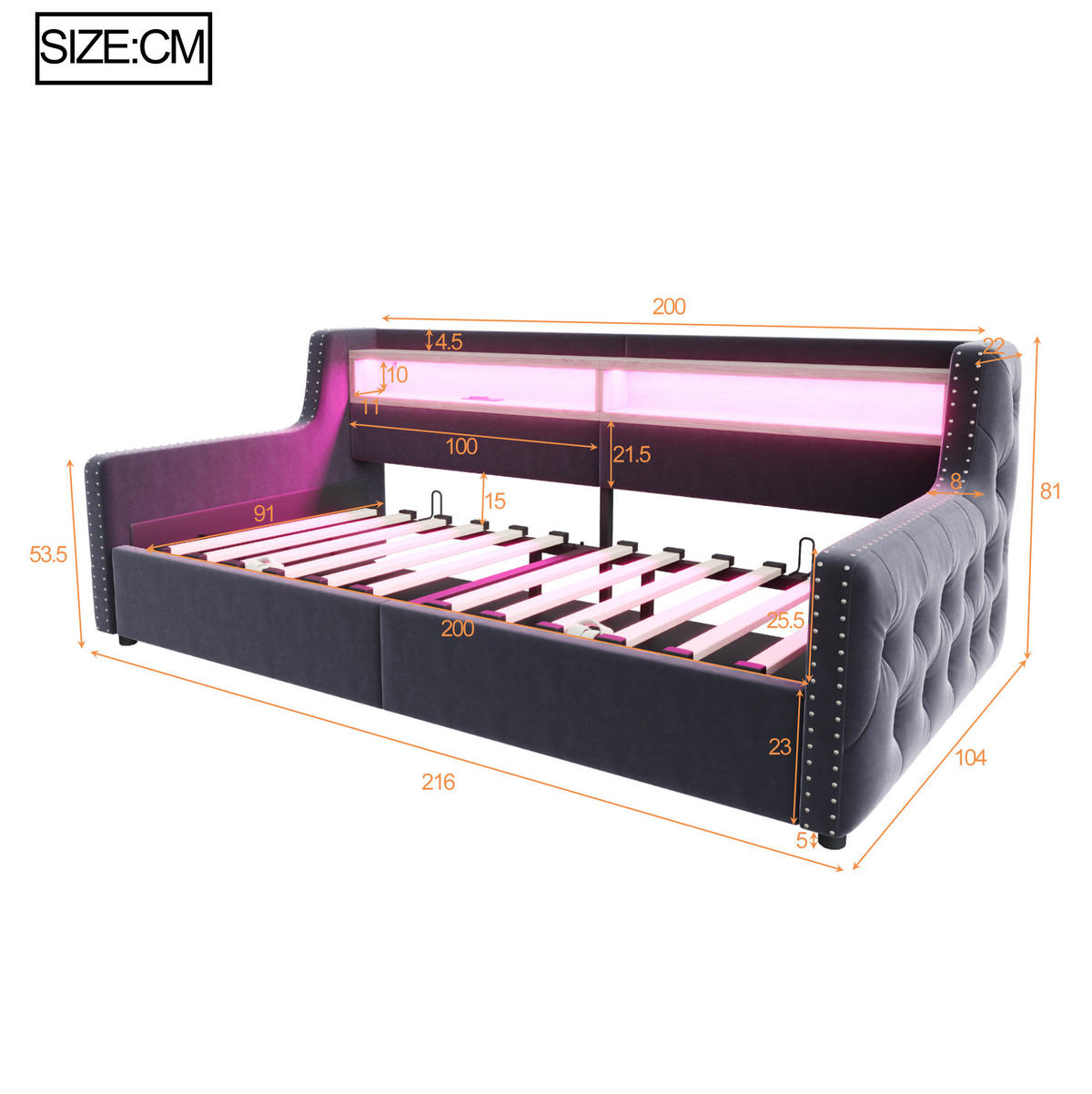 SCHLAFSOFA 90/200 cm mit LED, Stauraum, Ablage, Steckdose und USB-C, Samt mit Lattenrost, Dunkelgrau - Dunkelgrau, Textil (104/81/216cm) - Redom