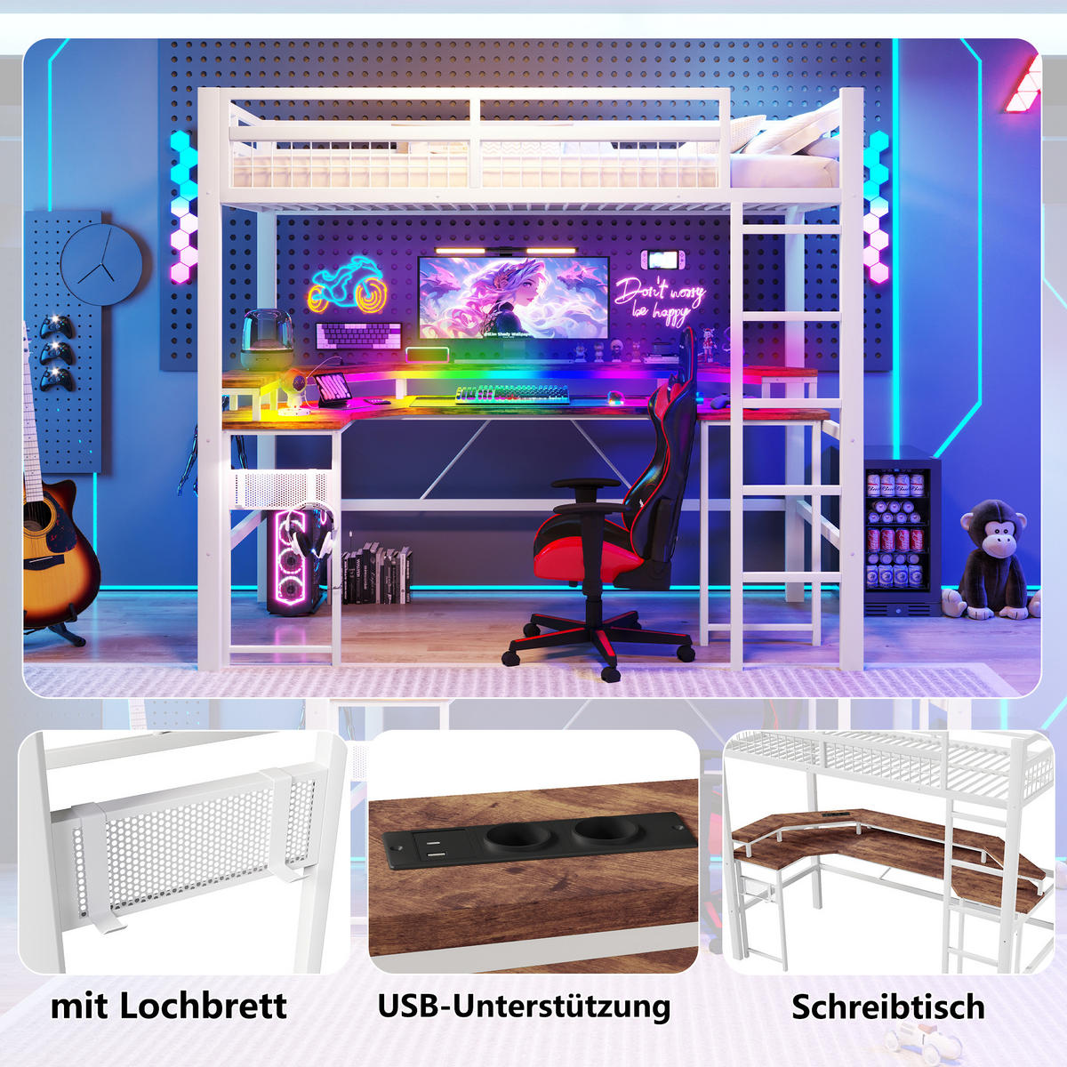 HOCHBETT 90/200 cm mit Schreibtisch, LED-Lichtleiste, USB, Typ-C, Steckdosen und Lochwand, Weiß - Weiß, Metall (90/200cm) - Redom