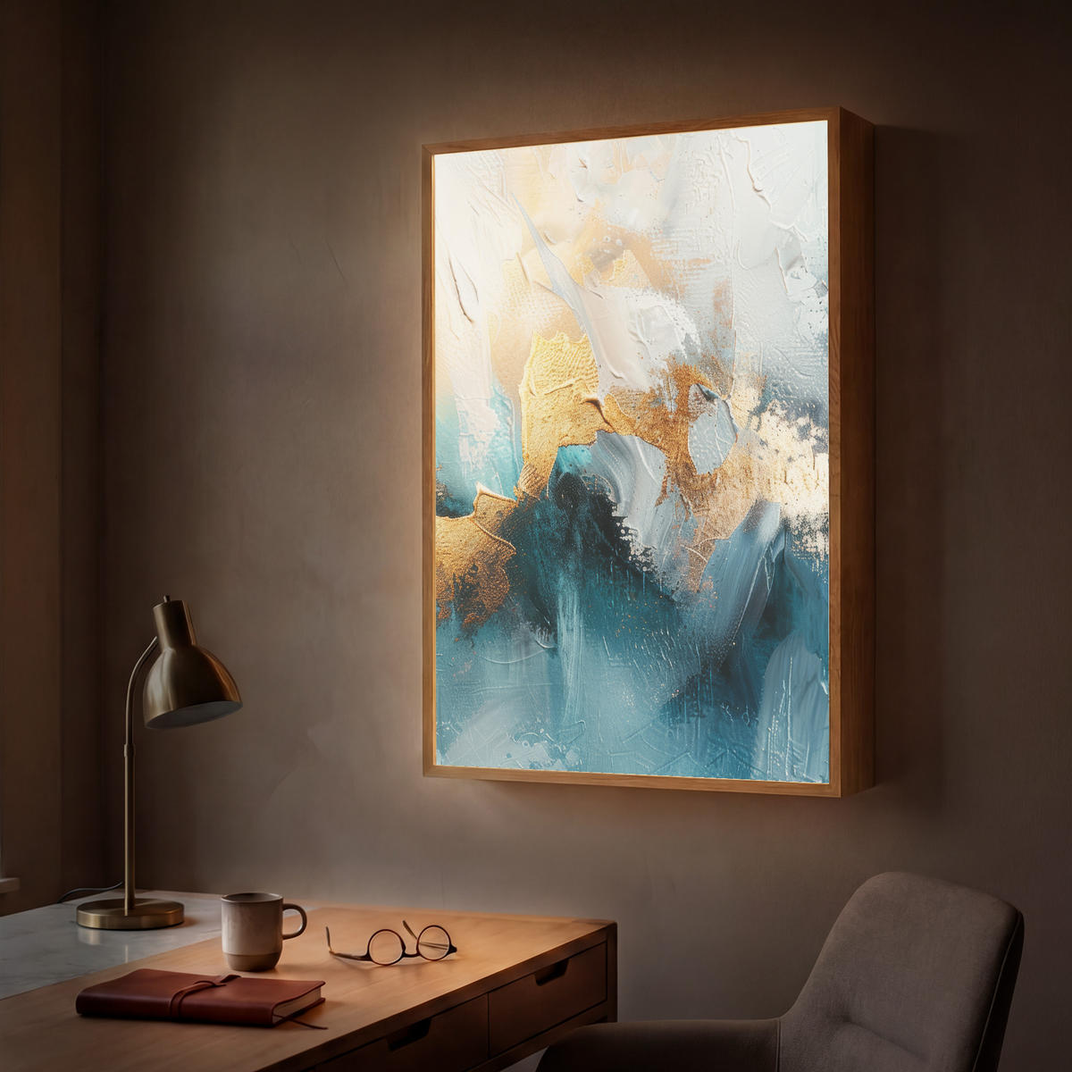 NÁSTĚNNÁ LAMPA S AKUMULÁTOREM Abstraktní - umění - zlatá - modrá 60x90 cm - tyrkysová, kompozitní dřevo (60/90/8cm) - OnlyWow
