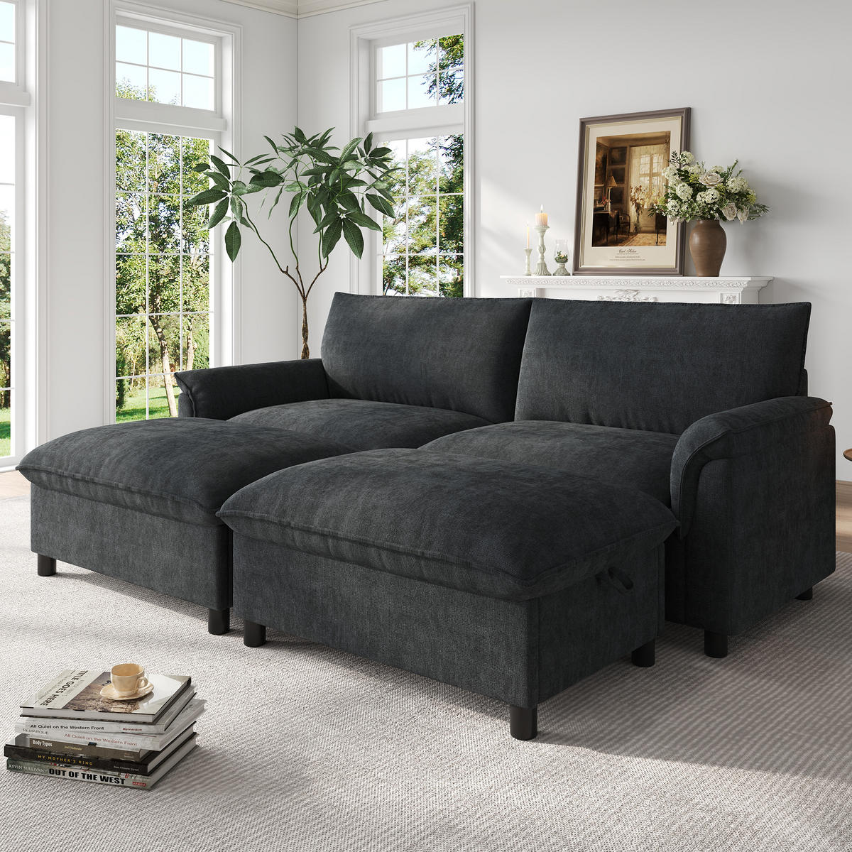 2-SITZER-SOFA mit 2 Aufbewahrungs-Ottomane 216/142/82 cm Schwarz - Schwarz, Textil (77/82/216cm) - Oxeza