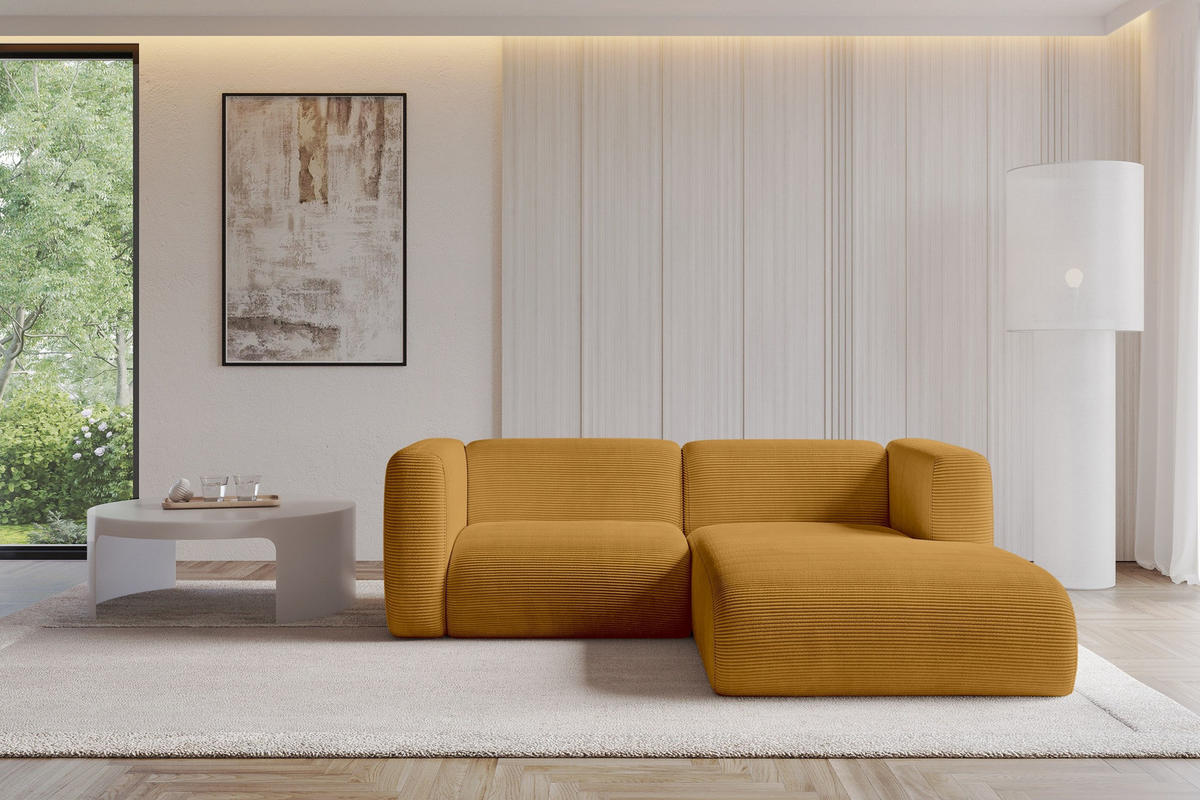 ECKSOFA Ottomane Rechts MIRA-L1 227x179x89 Senfgelb Cord - Currygelb/Schwarz, Holzwerkstoff/Kunststoff (227/179cm) - ALTDECOR