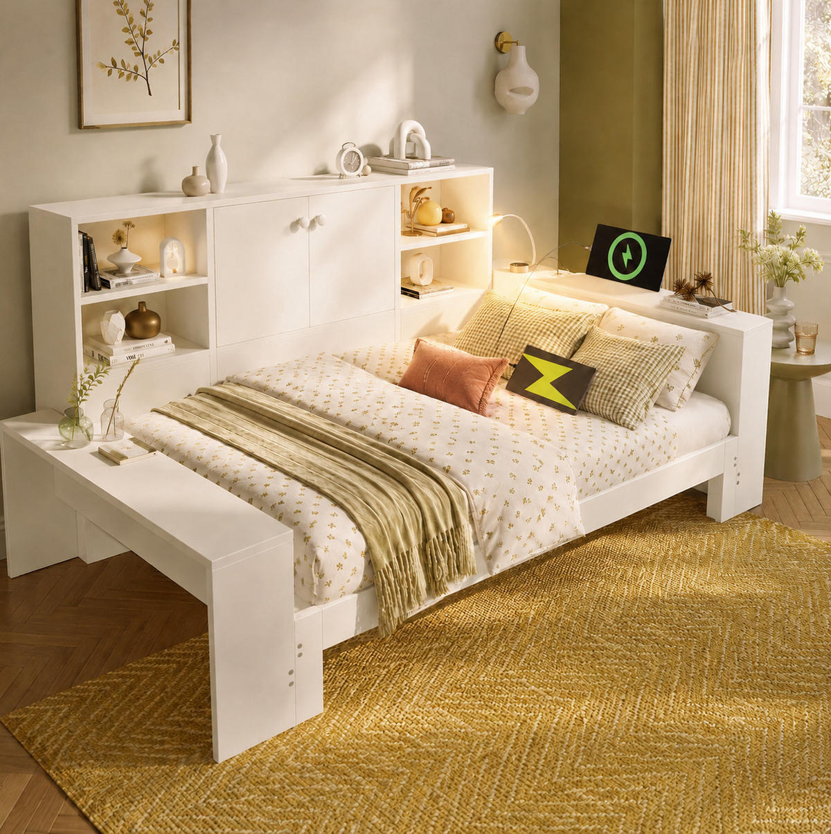 JUGENDBETT Tagesbett 90/200 cm aus MDF und Sperrholz mit Ausziehbett Stauraum und USB-Anschlüssen Weiß - Weiß, Holzwerkstoff (90/200cm) - Modenvie