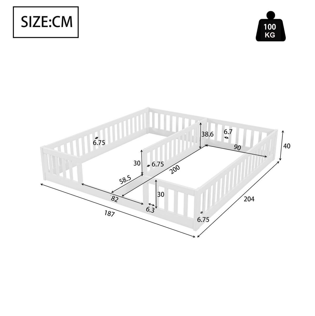 KINDERBETT aus Kiefernholz und MDF 2x 90x200 cm Weiß mit Sicherheitsgitter - Weiß, Holzwerkstoff (90/200cm) - IVMEU