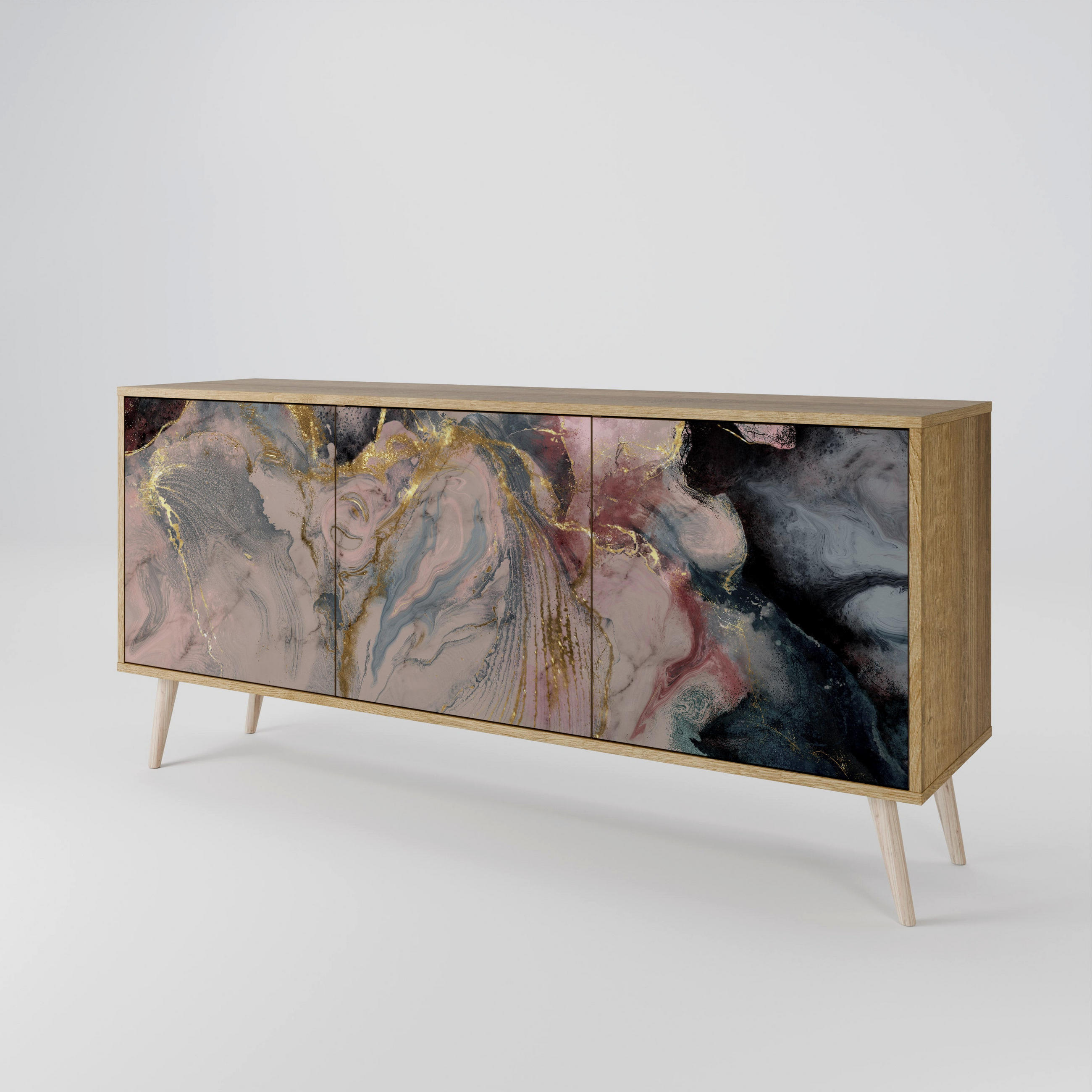 SIDEBOARD GILDED SWIRLS, Eicheneffekt, 164,5x42x77,5 cm, 3 Türen - Eichefarben/Buchefarben, Holzwerkstoff/Buchenholz (164.5/77.5/42cm) - SpaceRebels