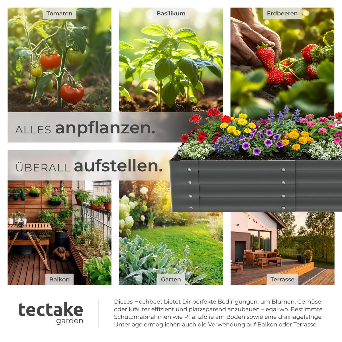HOCHBEET Salvia, verzinkter Stahl, offener Boden, 120 x 60 x 30 cm, grau - Grau, Metall (60/30/120cm) - tectake
