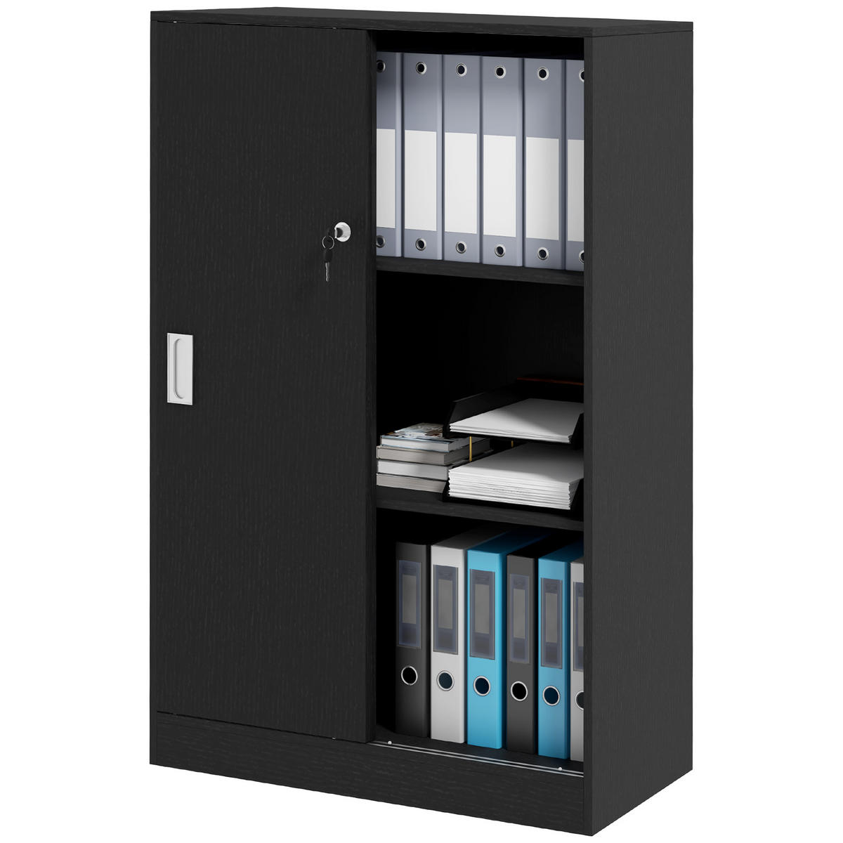 AKTENSCHRANK DE-14416 2 Schiebetüren abschließbar, 2 Böden Schwarz - Schwarz, Holzwerkstoff (40/120/80cm) - ComfortXL