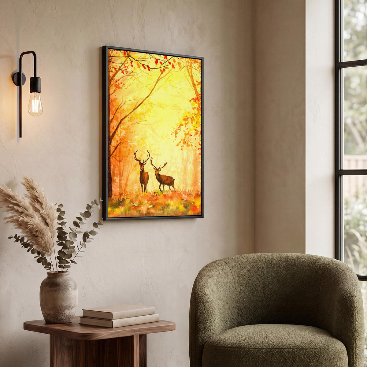 LEINWAND Bilder mit Rahmen - Natur - Ölfarbe - Hirsche - Tiere - Herbst - Orange - 60x80 - Orange, Textil (60/80cm) - MuchoWow