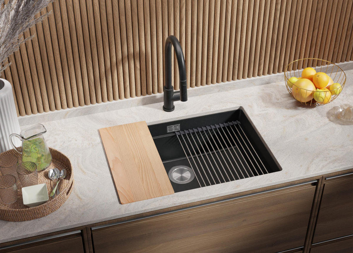 UNTERBAUSPÜLE GRANIT Praga, 2-er set Anthrazit 66/47 cm 1 Becken + Ablauf-Set + Aufrollbare Abtropffläche ab 70er Unterschrank - Chromfarben/Anthrazit, Kunststoff (66/20/47cm) - Primagran