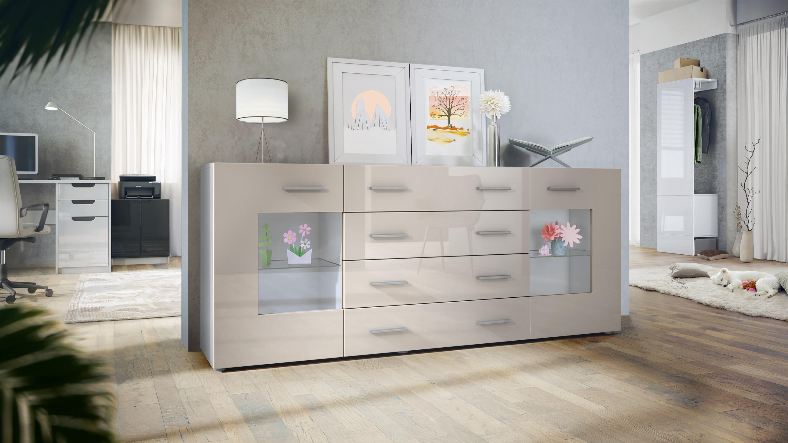 SIDEBOARD Noah Sandgrau Hochglanz - Sandfarben, Holzwerkstoff (166/72/35cm) - Vladon