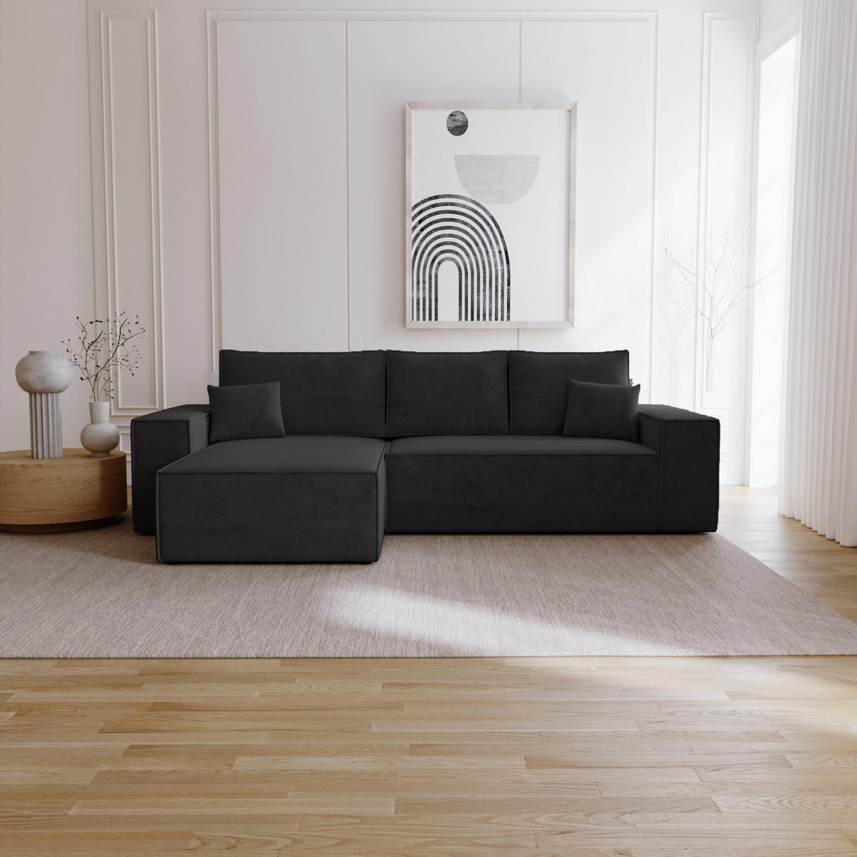 ECKSOFA mit Schlaffunktion Bergamo L 280 cm, Samt, Links - Schwarz - Schwarz, Holz (277/189cm) - Emporius