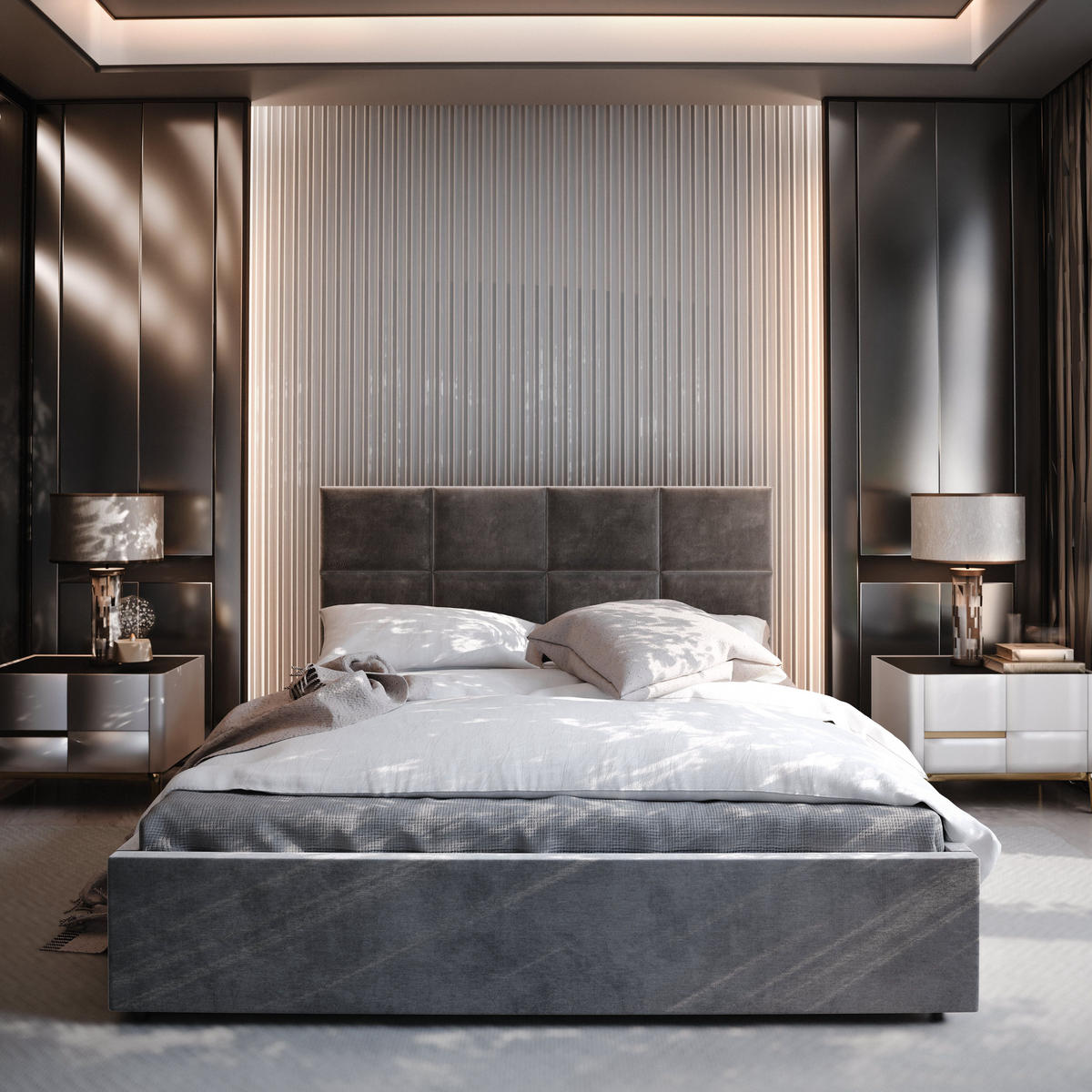 POLSTERBETT LIMENA 200x200 cm mit Bettkästen - Hellgrau - Hellgrau, Holz/Textil - MASSENO